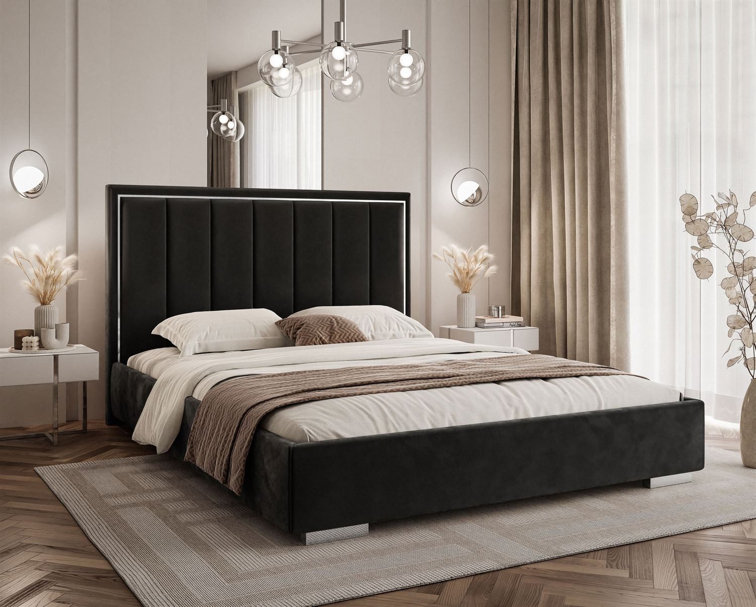 Lookway Polsterbett AURELIA SILVER mit Bettkasten, Metallrahmen und 123 cm hohem Kopfteil (Bett mit Metallgestell), Bett in 4 Größen und 5 Farben