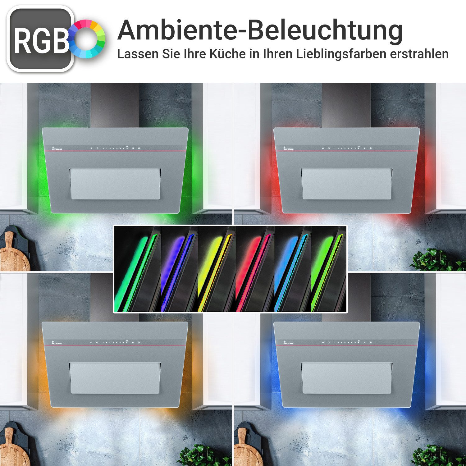 KKT KOLBE Wandhaube Dunstabzugshaube 80cm PLOOM8005G RGBW Ambientebeleuchtung Dunstabzugshaube 80cm PLOOM8005G RGBW Ambientebeleuchtung, Kopffrei / 80cm / Smarte WiFi-App / Grau / Glas / Schräghaube