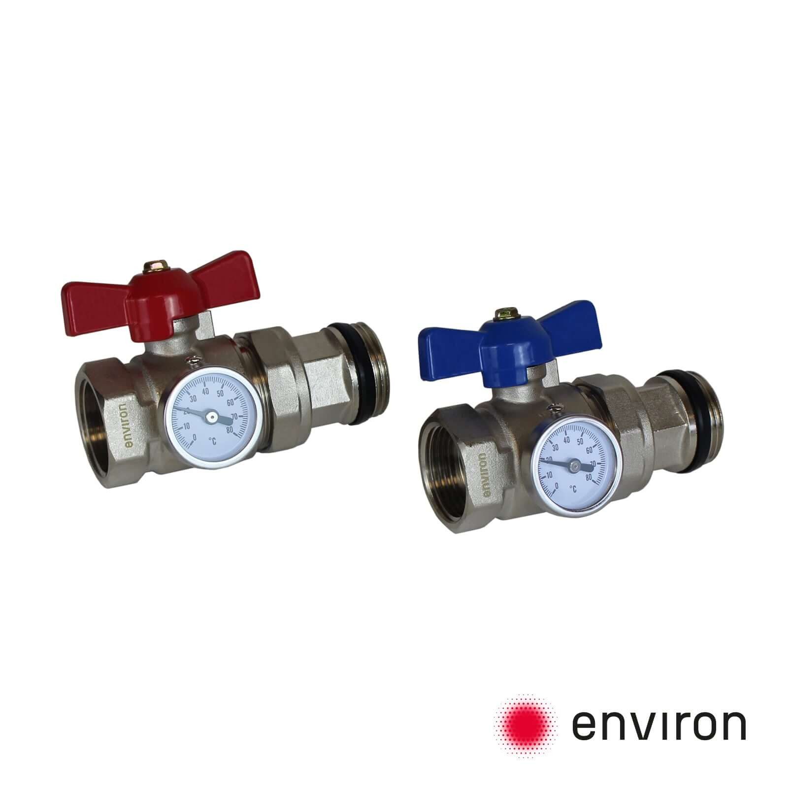 ganz24 Fußbodenheizung Kugelhahn-Anschluss-Set 1" für Heizkreisverteiler mit Thermometer, (Set bestehend aus 2 Stück Kugelhähnen), Thermometer integriert