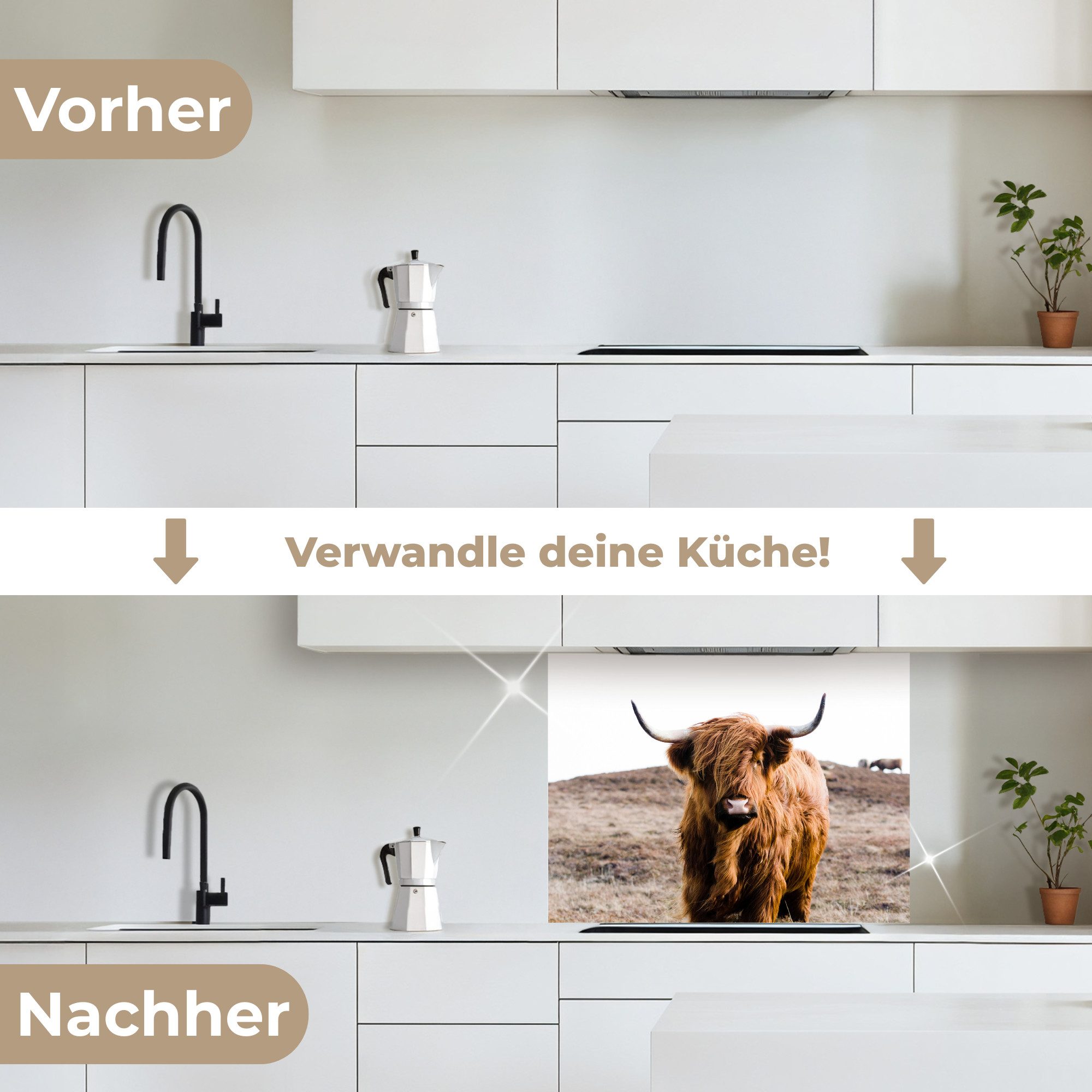 KitchenYeah Küchenrückwand selbstklebend Schottische Highlander - Landschaft - Kuh - Braun - Tier, (1-tlg), Spritzschutz, Küche, Rückwand, Küchenwand, Küchenfront, 80x60 cm