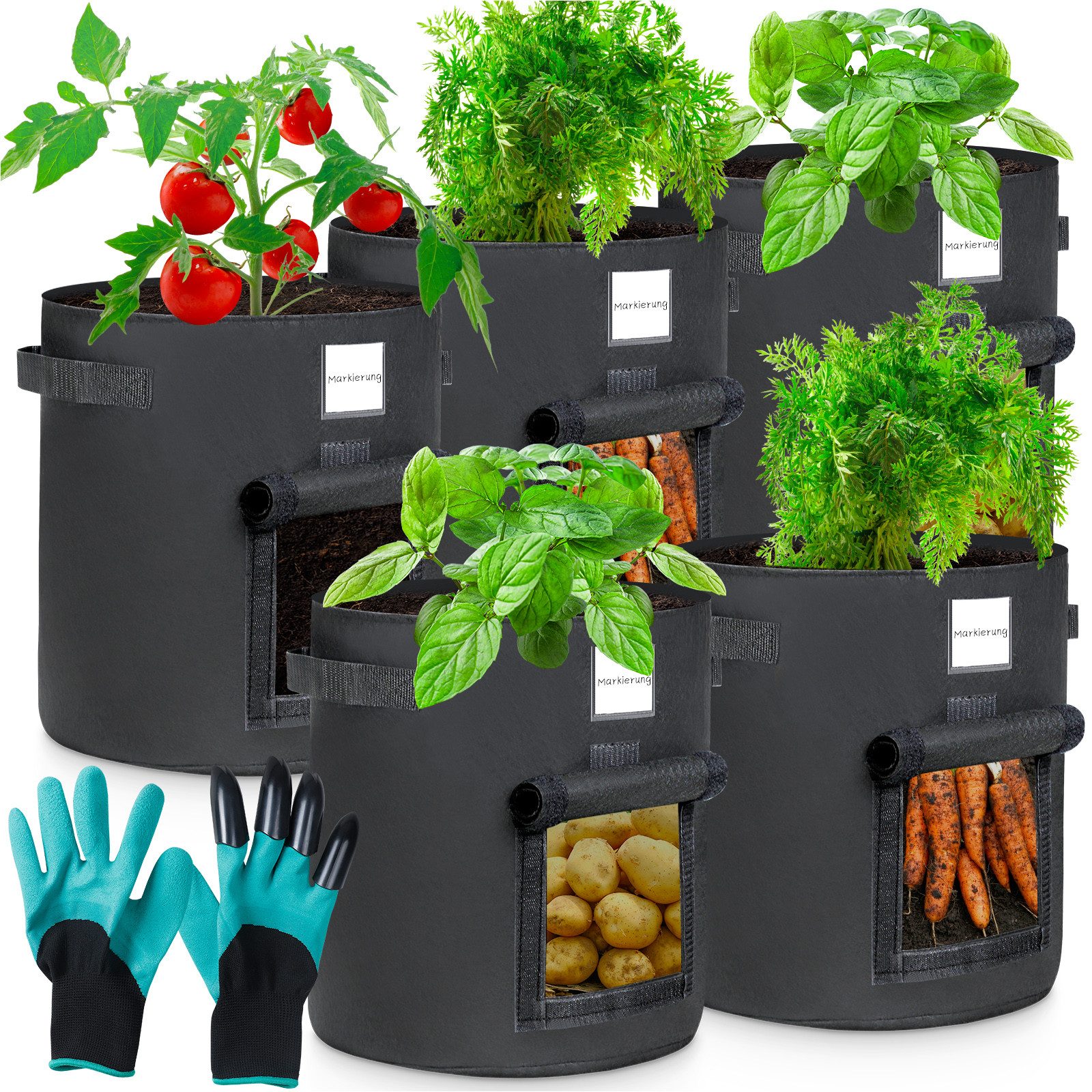 Yorbay Pflanzkübel 5x Pflanzsack aus Vliesstoff, 60L auswählbar, Pflanzen Tasche (Mit 1 Paar Gartenhandschuhe), Pflanztopf Pflanzensack für Kartoffeln,Tomaten,Blumen,Pflanzen,Gemüse