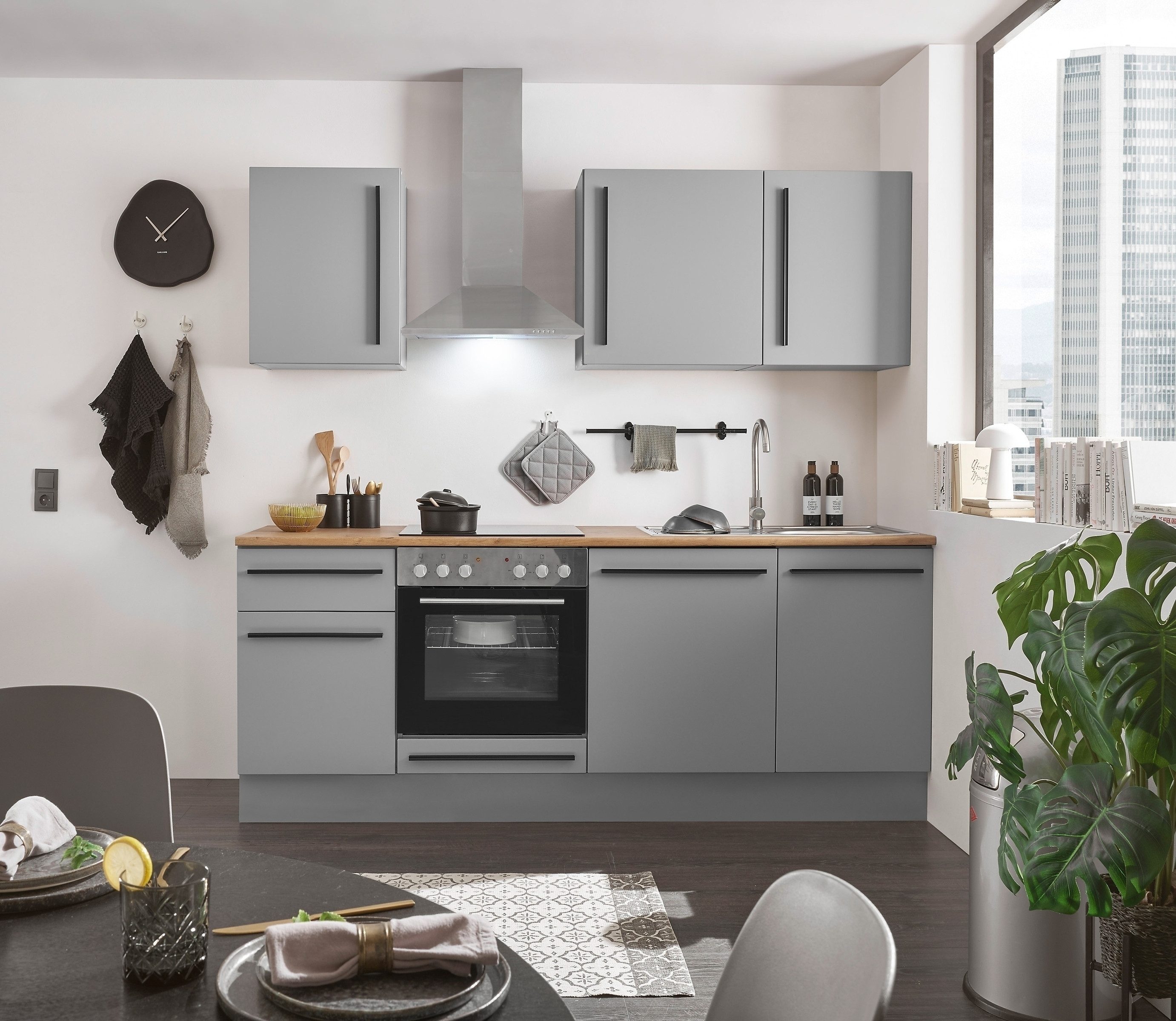 BEGA BBK Küchenzeile Grau / Grau matt mit Lancelot Eiche Dekor - 220x211x60cm (BxHxT)