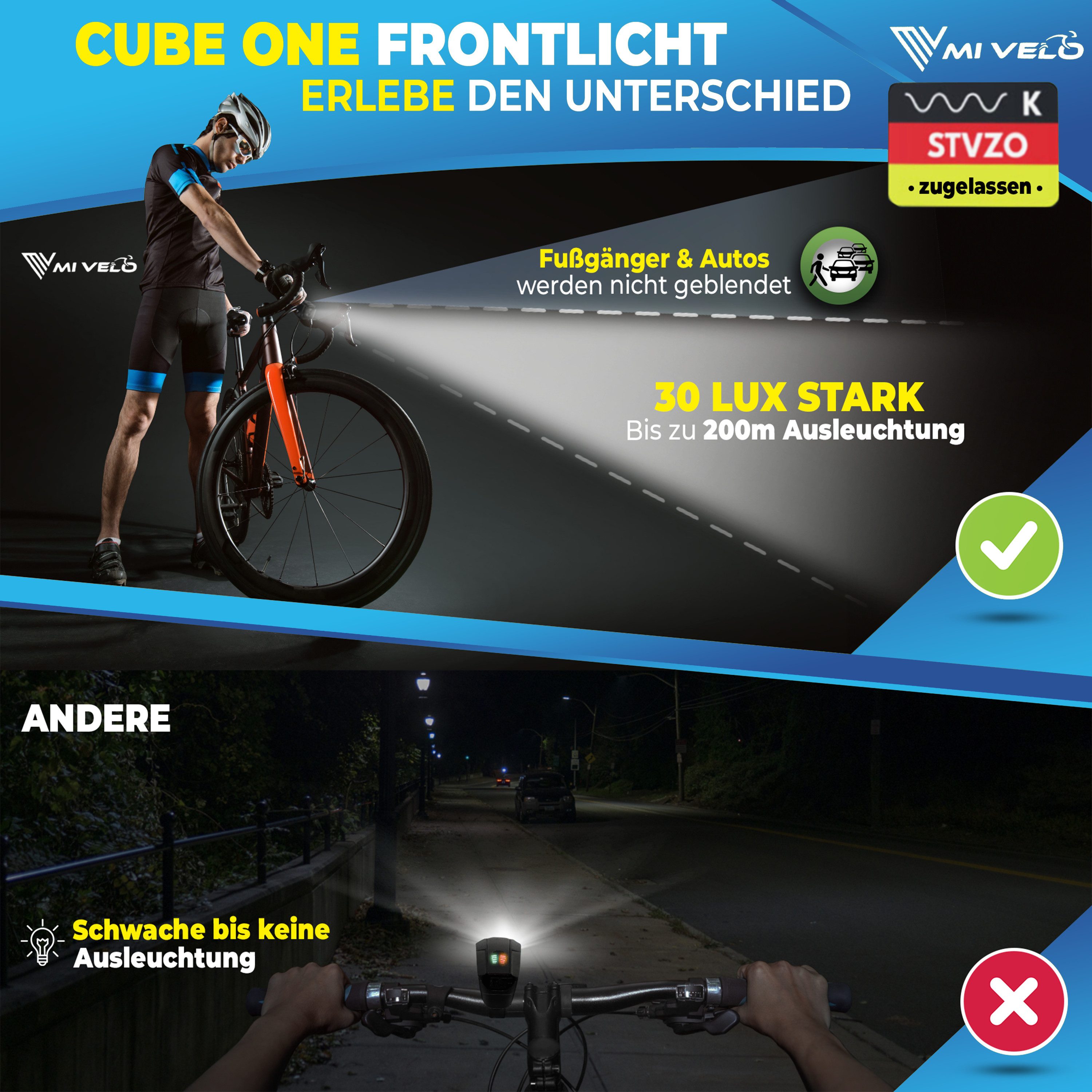 MIVELO Fahrradbeleuchtung MiVelo COB Pro Fahrradlicht LED Set – Frontlicht, Rücklicht oder Set, StVZO zugelassen, Rücklicht mit Bremsfunktion wählbar – Bild 5 von 5