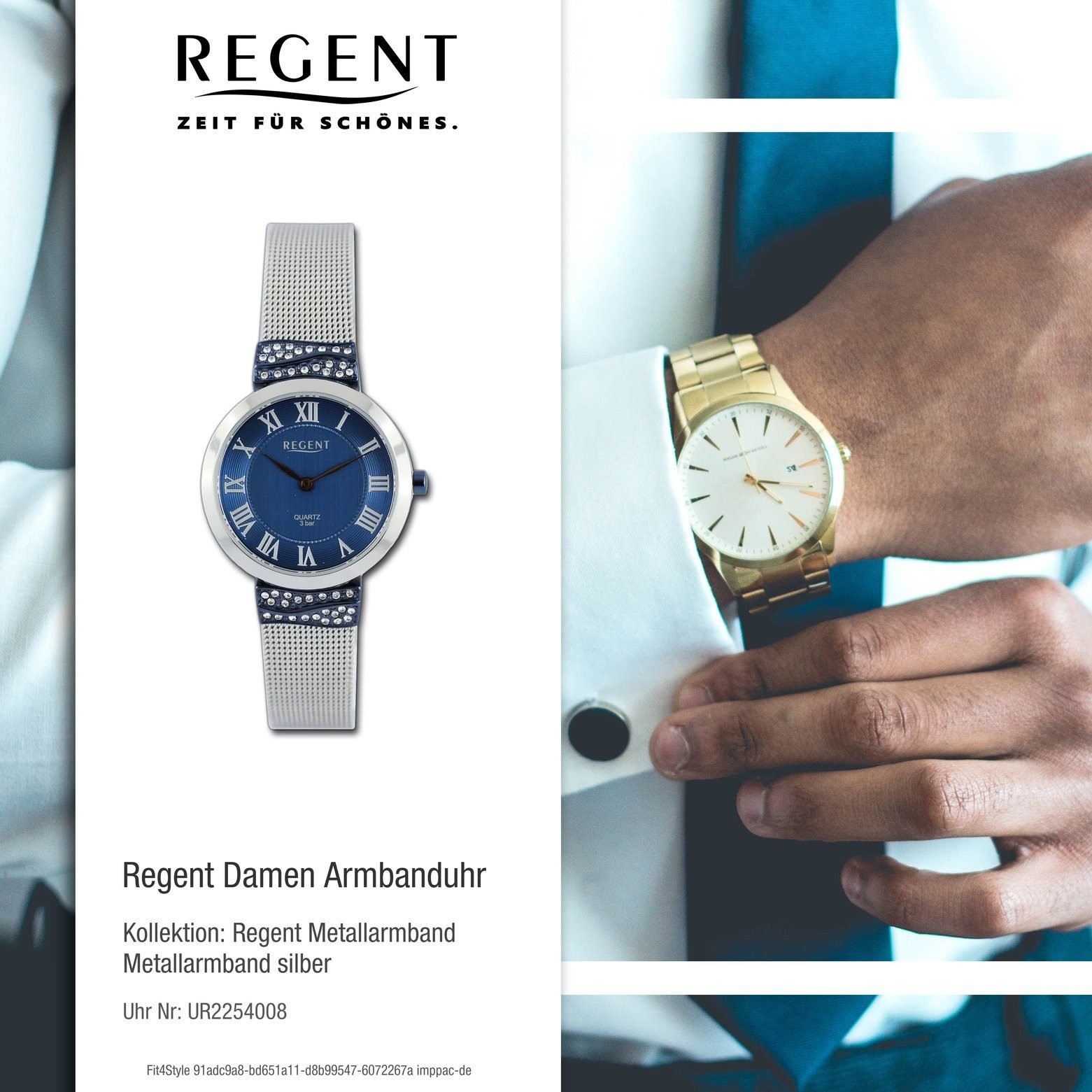 Regent Quarzuhr Regent Damen Armbanduhr extra (ca. groß Metallarmband 30mm), Analog, Armbanduhr Damen rund