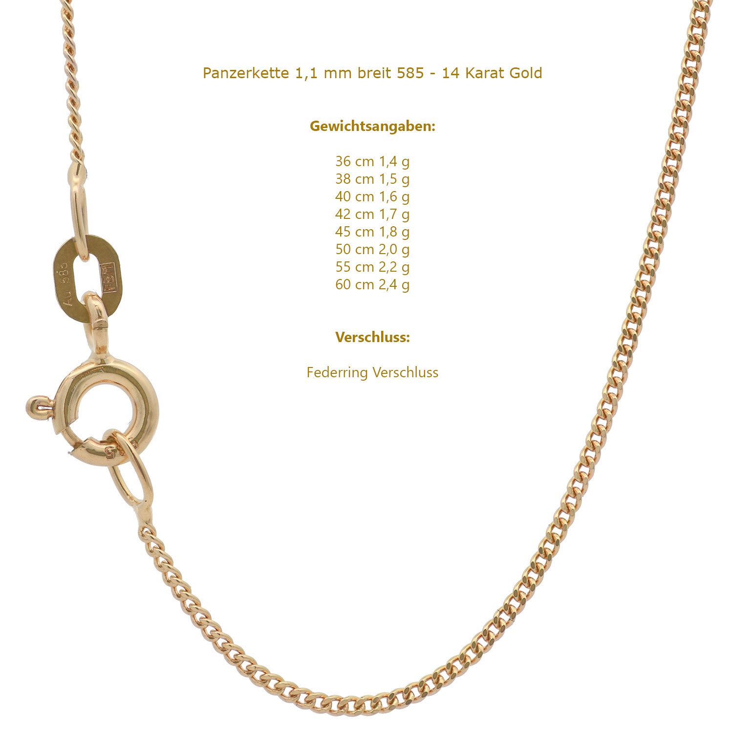HOPLO Panzerkette Goldkette Panzerkette Halskette Breite 1,1 mm 36 cm 585-14 Karat Gold, Made in Germany – Bild 5 von 5