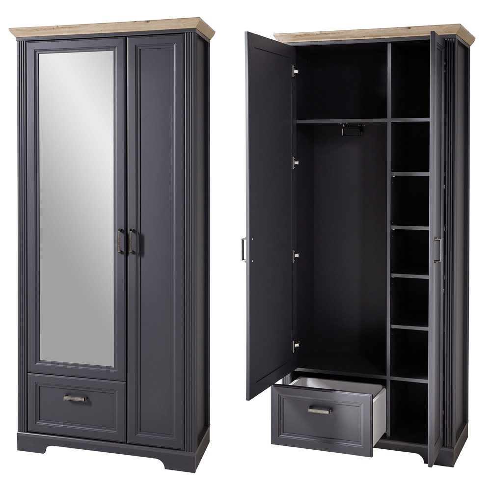 Lomadox Garderobenschrank JÜLICH-36 Landhaus mit Spiegel in graphit mit Artisan Eiche, B/H/T: 93/204/41 cm