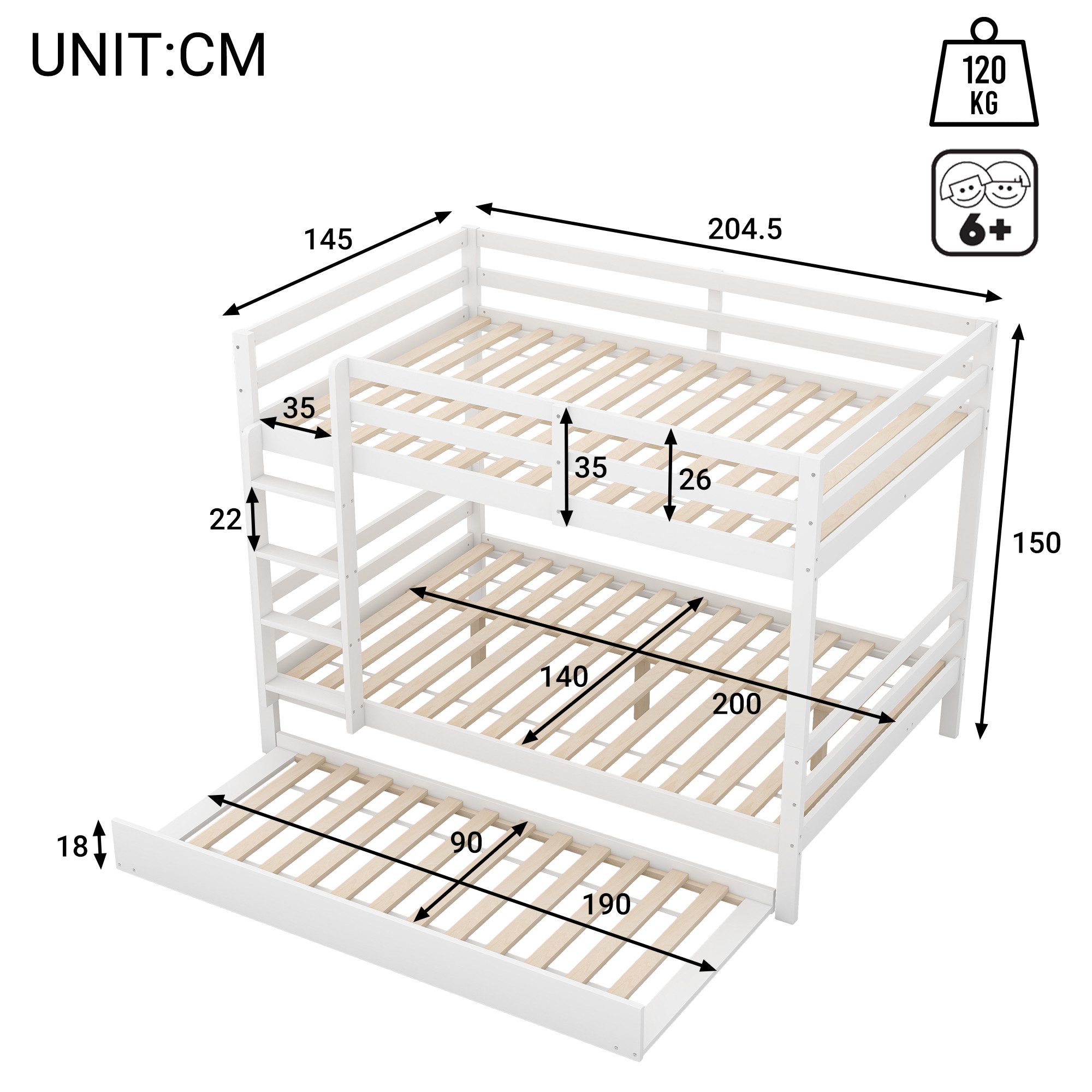 TavilaEcon Etagenbett Kinderbett, Jugendbett, Holzbett, Dreibett mit hoher günstig online kaufen