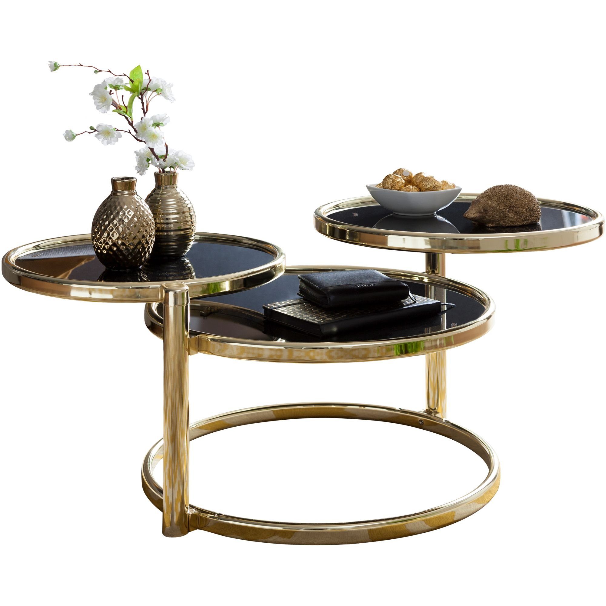 möbelando Couchtisch Couchtisch mit 3 Tischplatten Schwarz / Gold 58 x 43 x 58 cm, Beistel, 58 x 43 cm (D/H)
