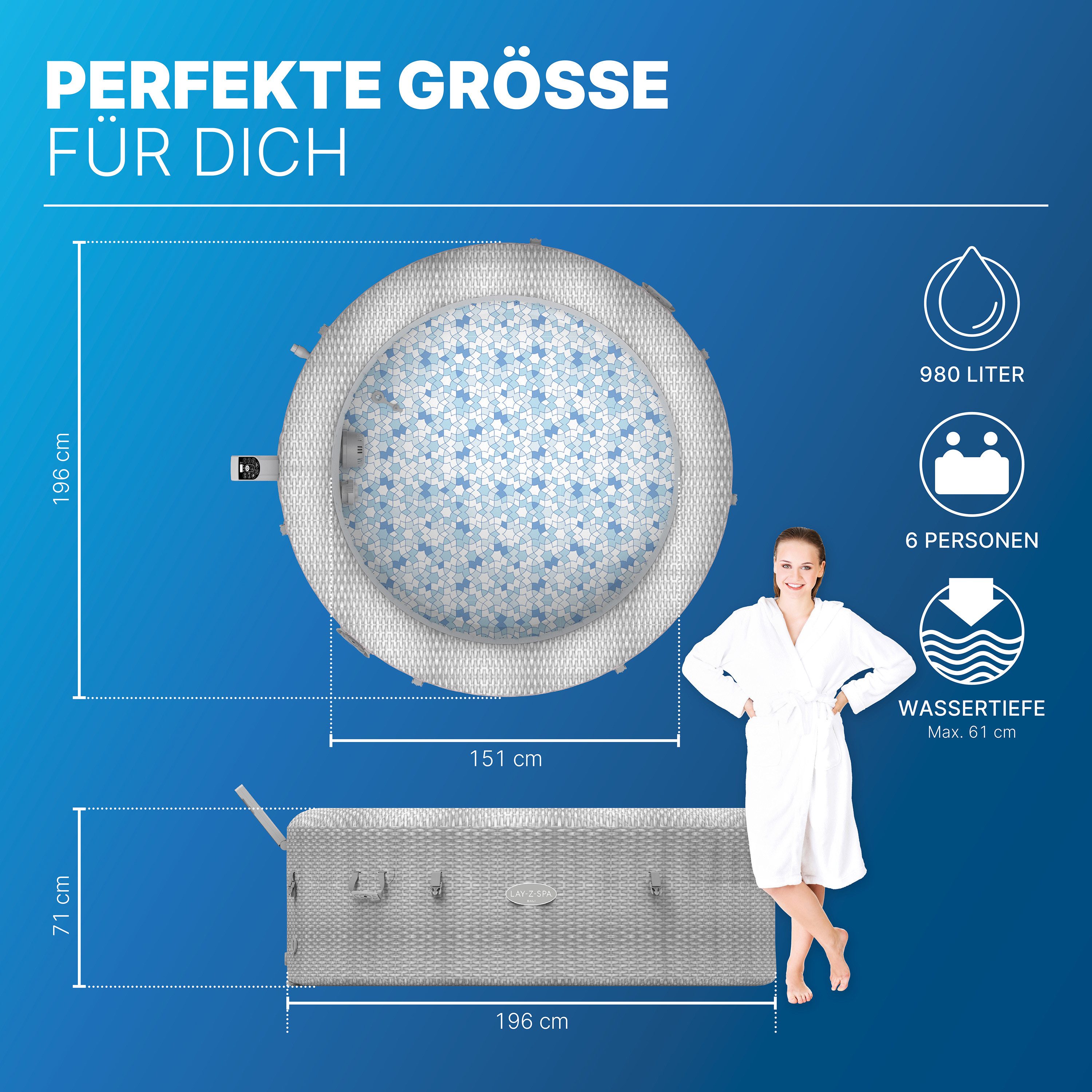 Bestway Whirlpool LAY-Z-SPA® Bali AirJet™, Aufstellbecken, (Set, Inkl. App-Steuerung, für max. 6 Personen), Ø 196 x 71 cm