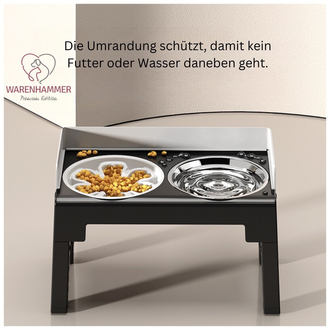 Warenhammer Futternapf Hundenapf höhenverstellbar erhöht 3 in 1 Napf-Set Premium Qualität, Edelstahl, Set mit 3 Näpfen, Gummifüße, neigbar, rutschfest