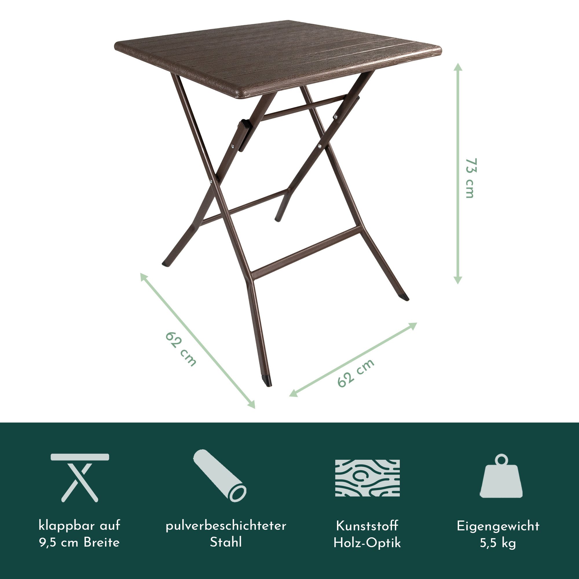 Lemodo Klapptisch Balkontisch mit Kunststoff-Platte in Holz-Optik, 62 cm breit