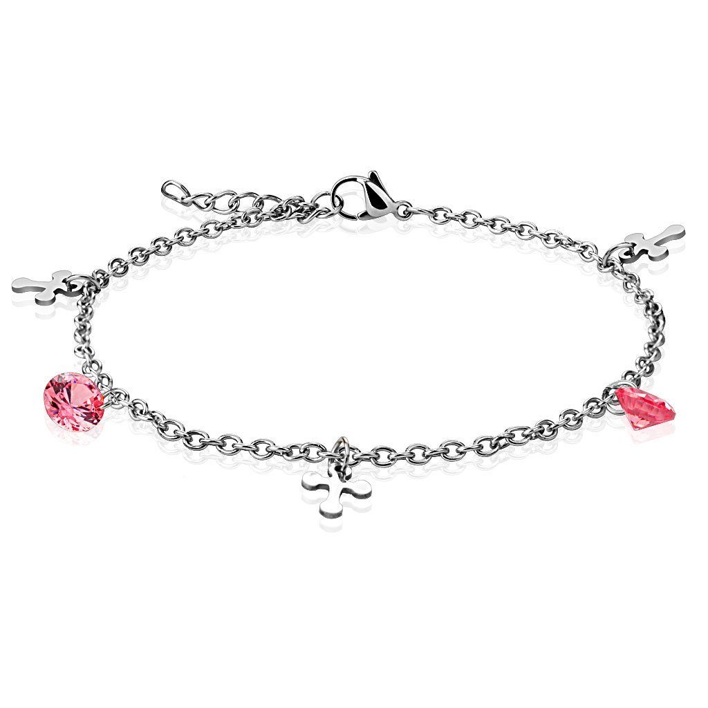 BUNGSA Armband Bettelarmband Kreuz und Kristall rosa Silber aus Edelstahl für Damen (1 Armband, 1-tlg), Bracelet Armschmuck