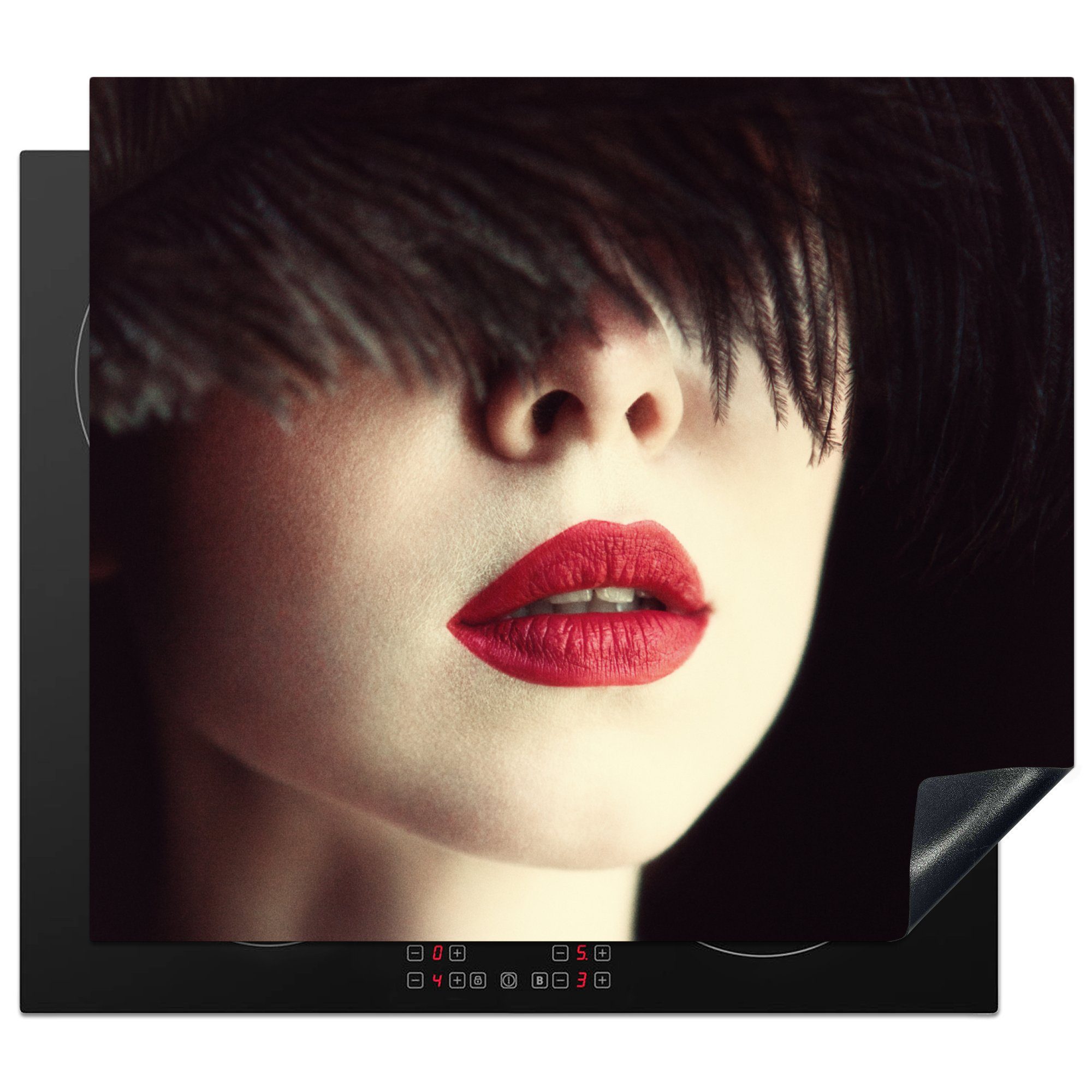 Lippen Mobile (1 - MuchoWow Frau Porträt, Arbeitsfläche cm, - Herdblende-/Abdeckplatte tlg), - Rot 60x52 nutzbar, Vinyl, Ceranfeldabdeckung
