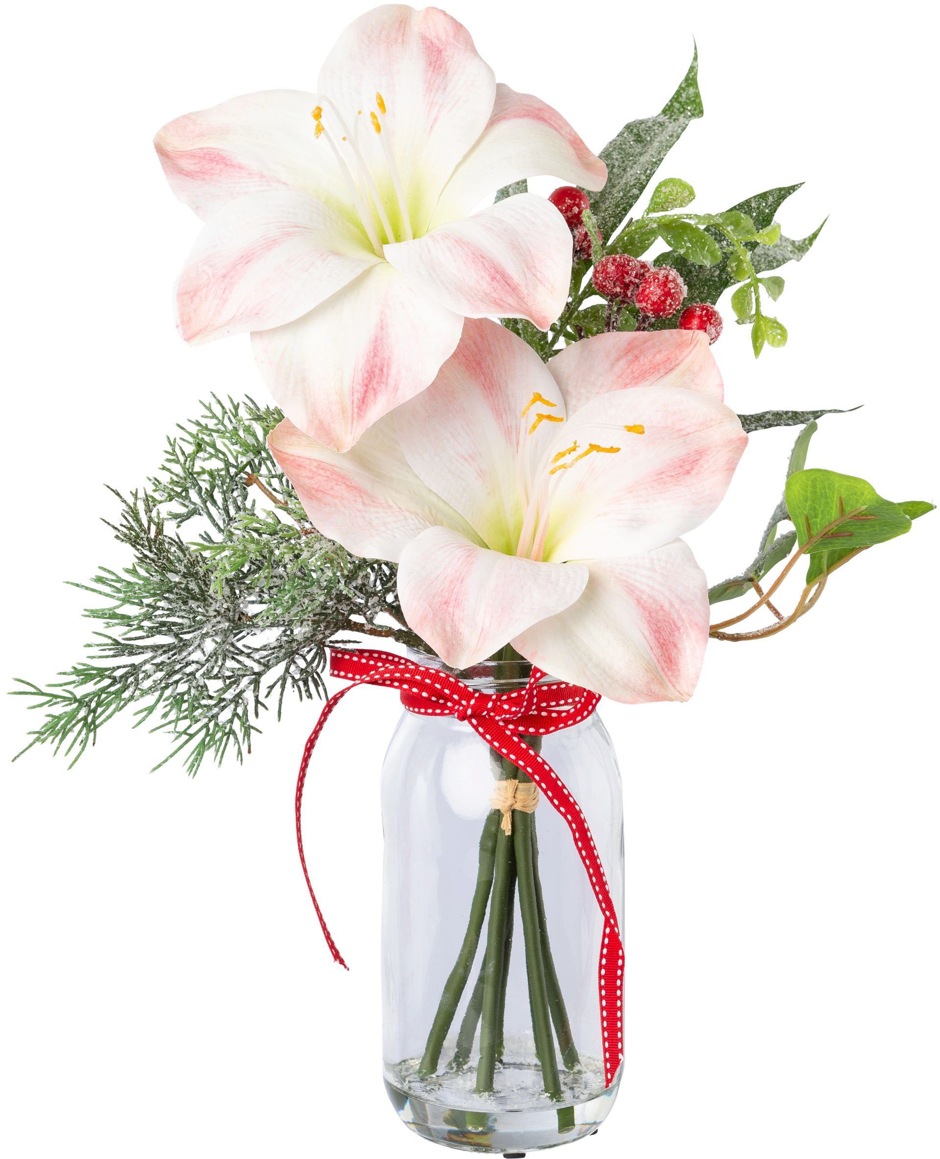 Winterliche Kunstpflanze Weihnachtsdeko Amaryllis, green, üppige Blütenpracht Glas 40 im cm, Höhe Creativ