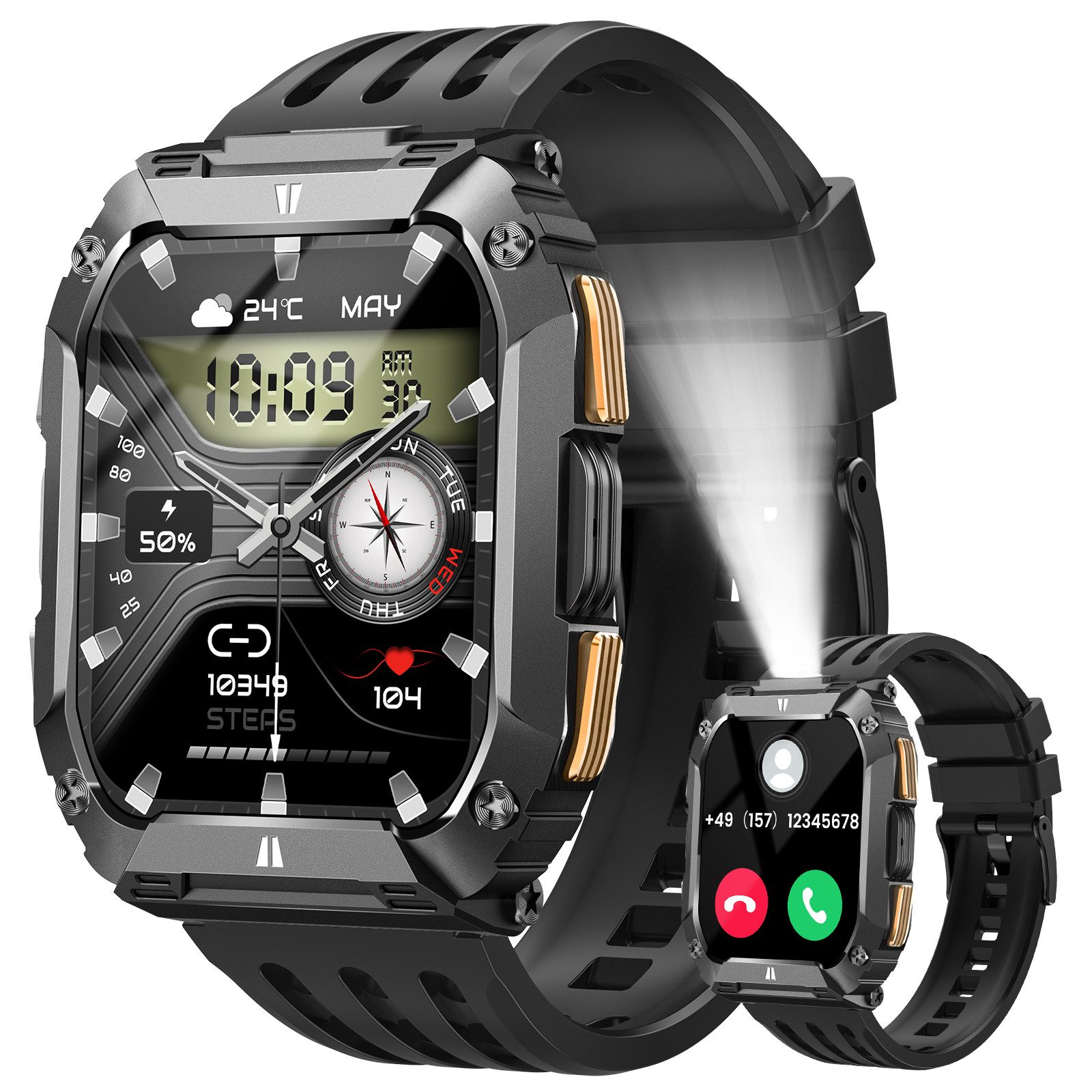 FOSMET 2025 Smartwatch Herren Militärqualität, 1000-mAh-Akku, 60 Tage Standby Smartwatch (4.953 cm), Mit Herzfrequenz,SpO2 und Schlaf,Blutdruckmessung,1,95''AMOLED-Display