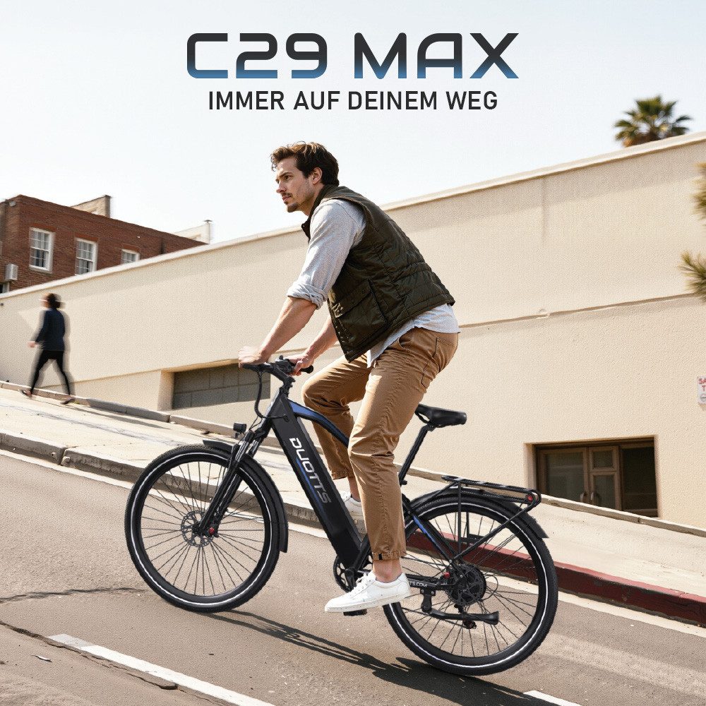 DUOTTS E-Bike Cityrad C29 Max Damen u. Herren 48V 18Ah 864Wh 120 km 65 Nm Shimano 7G App, 7 Gang Shimano, Heckmotor, 864 Wh, 7 Gang, 864Wh Akku, Elektrofahrrad mit Gepäckträger