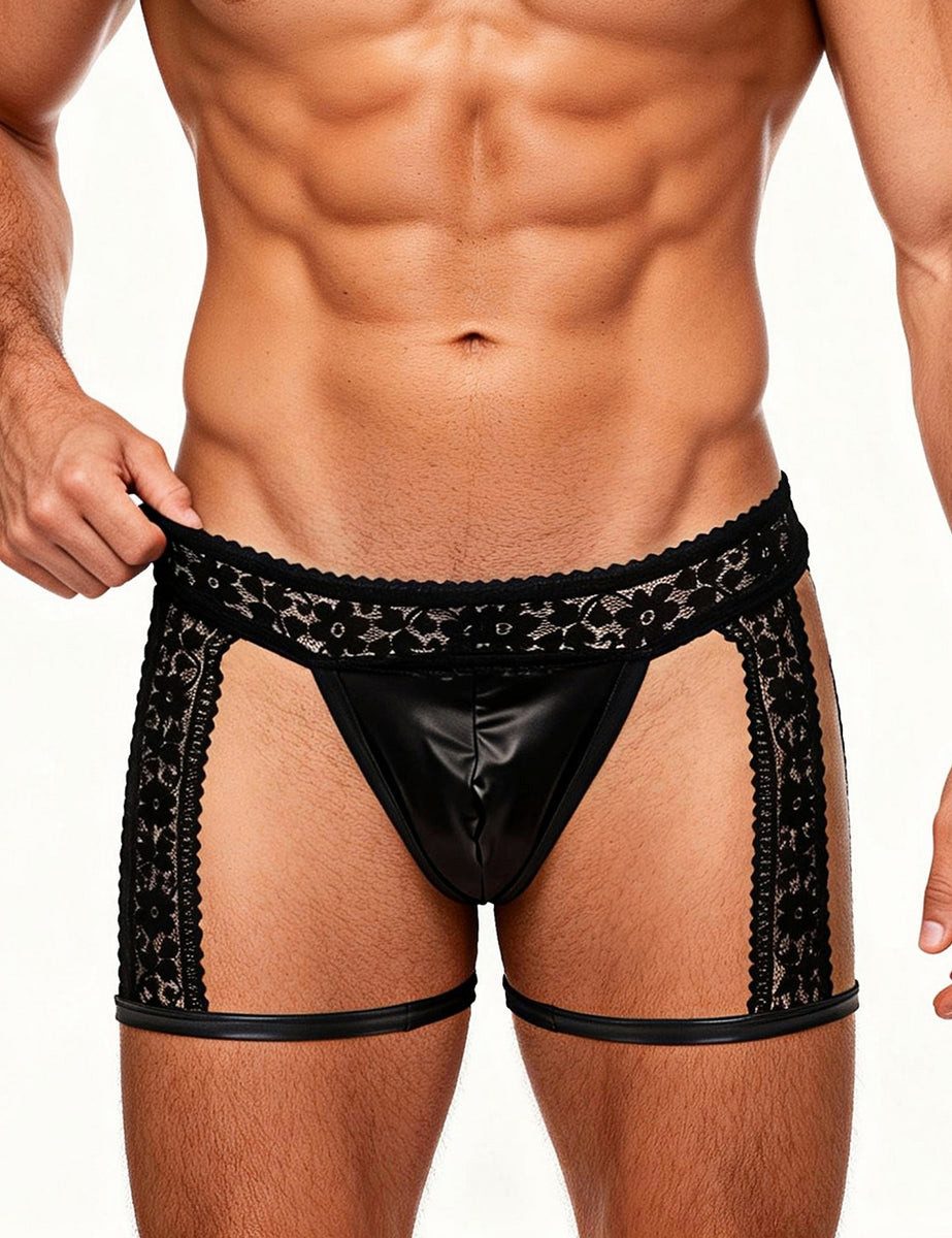 Lau-Fashion Boxershorts Herren String Schwarz mit Spitze und Wetlook-Details