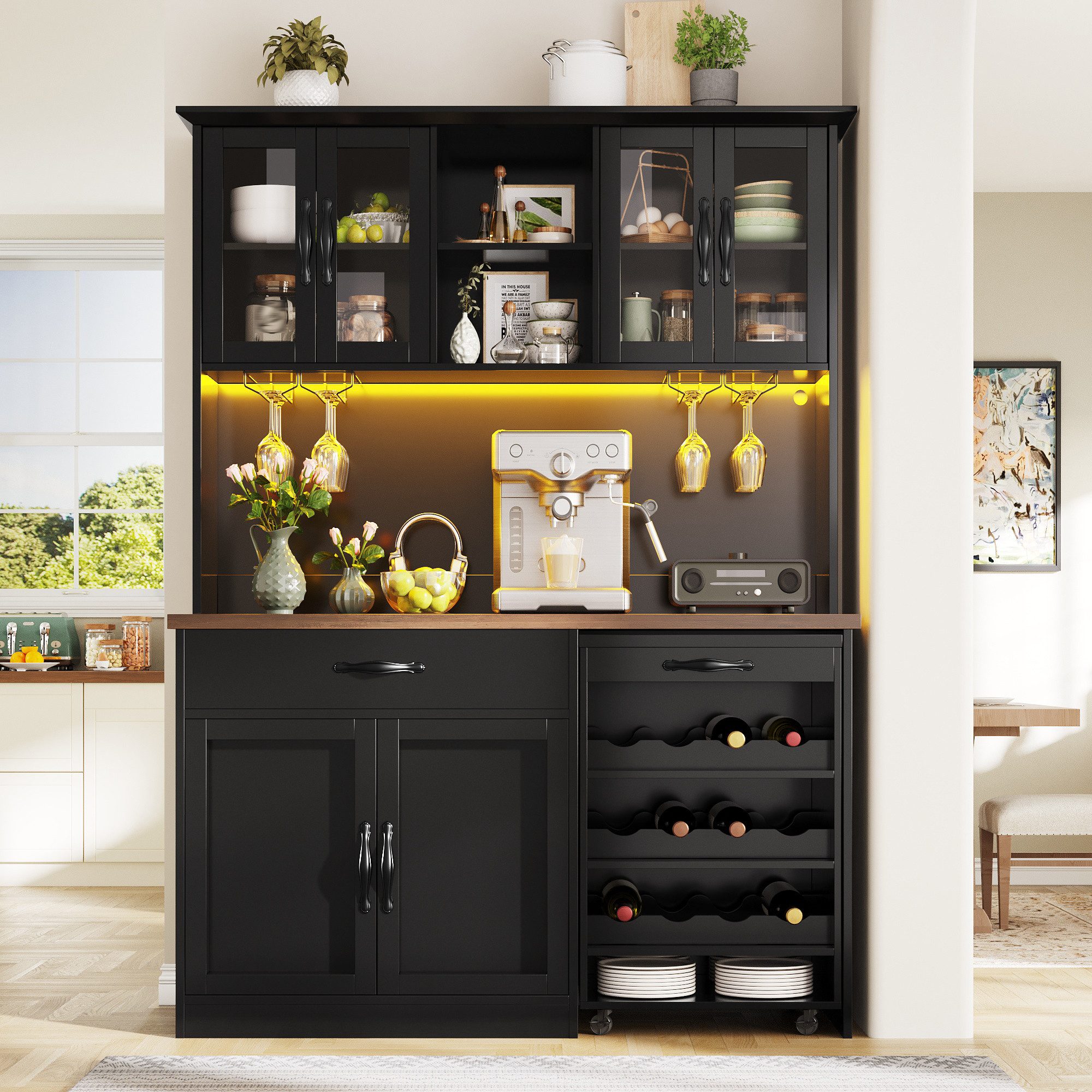 i@home Hochschrank Küchenschrank 140cm, mit Rollwagen, LED-Beleuchtung, Weinglasregal & Weinregal