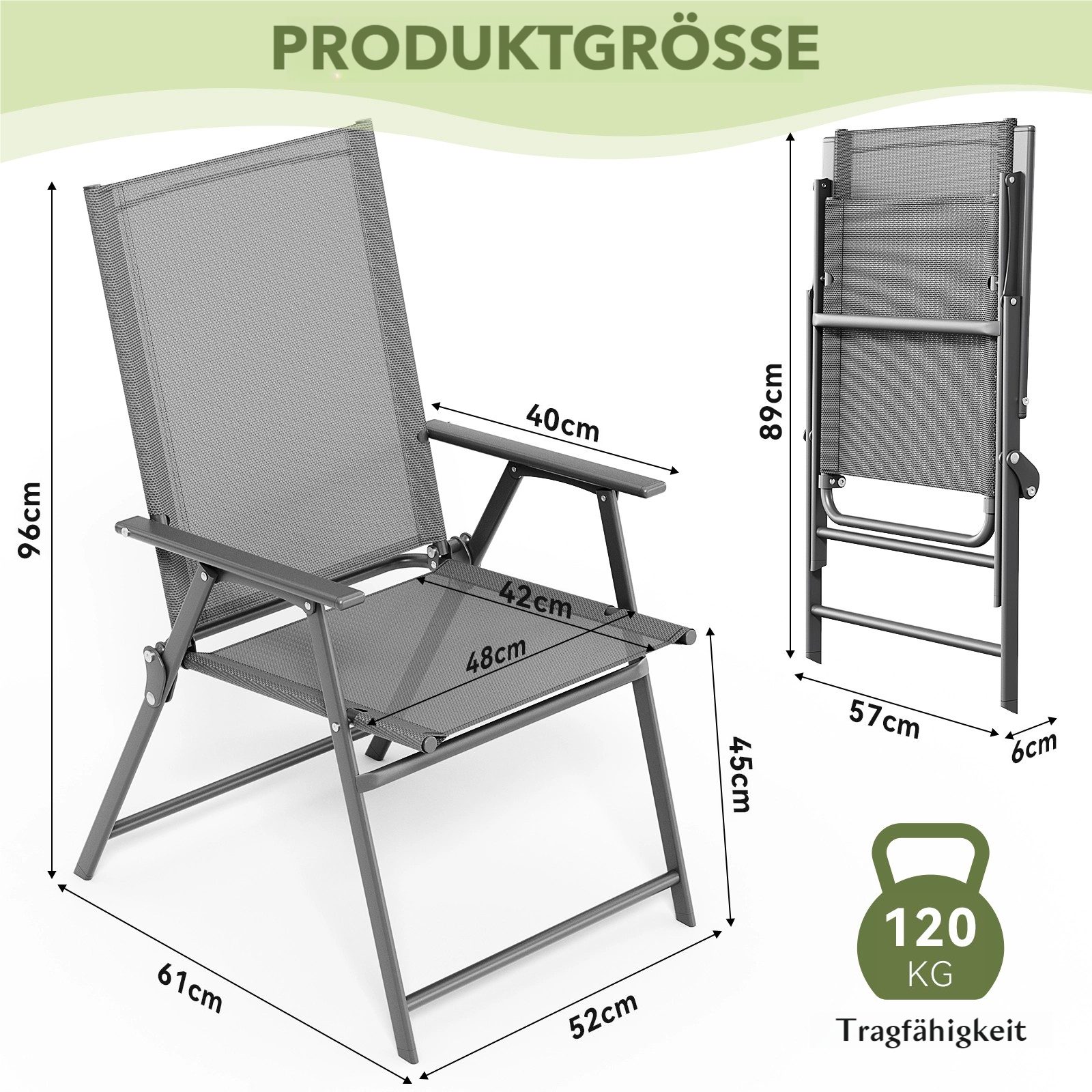 TLGREEN Klappstuhl Eisen-Gartenstuhl mit atmungsaktivem Teslin-Gewebe, (Armlehnen & hoher Rückenlehne, allwettertauglich, 2 St), – für Garten, Pool, Camping – Bild 2 von 5