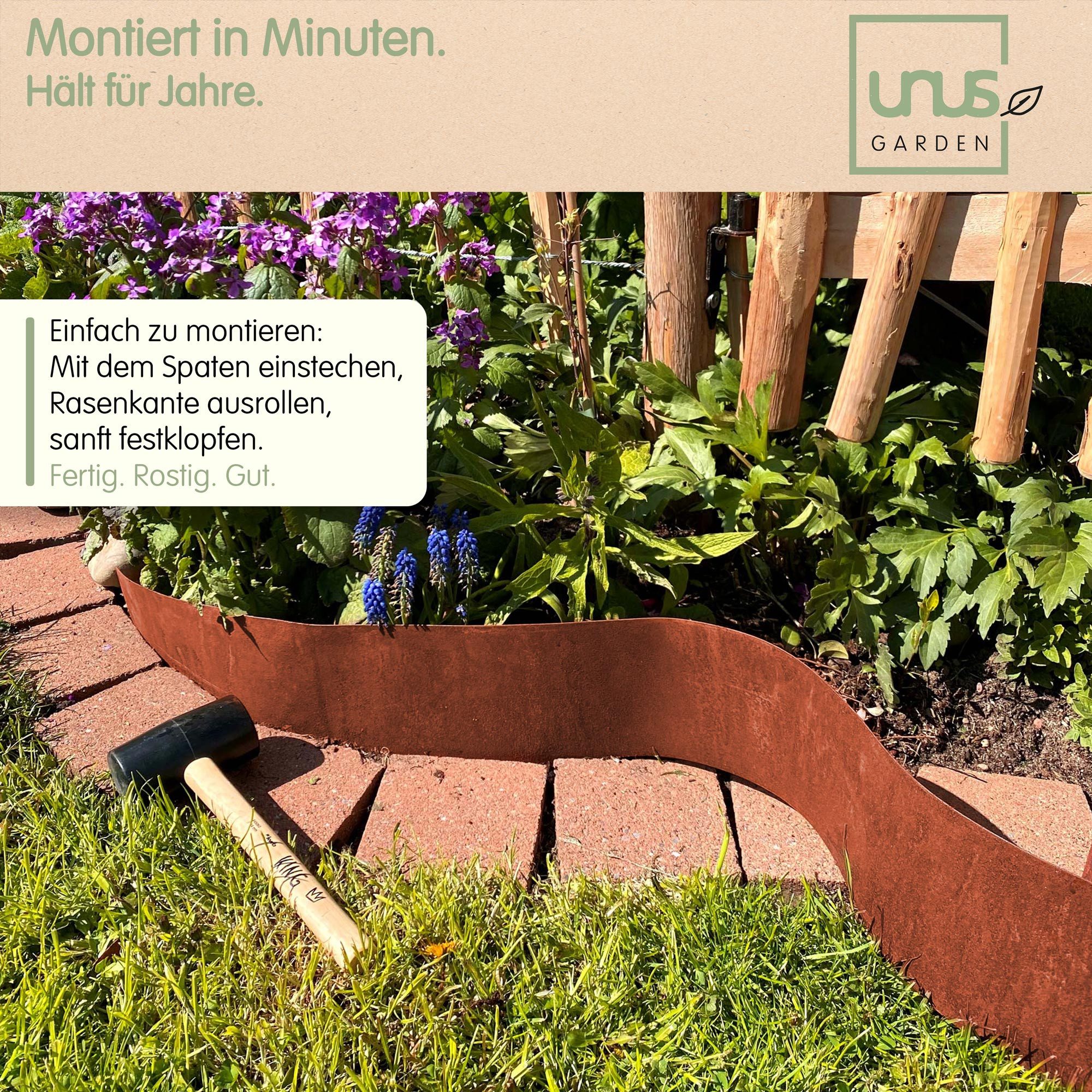 UNUS GARDEN Rasenkante Beeteinfassung Rostoptik groß 10x1000 cm, LxH: 1000x10 cm, inklusive Handschuhe, Mähkante, Beetumrandung, Rasenkante 10 Meter, robust – Bild 4 von 5