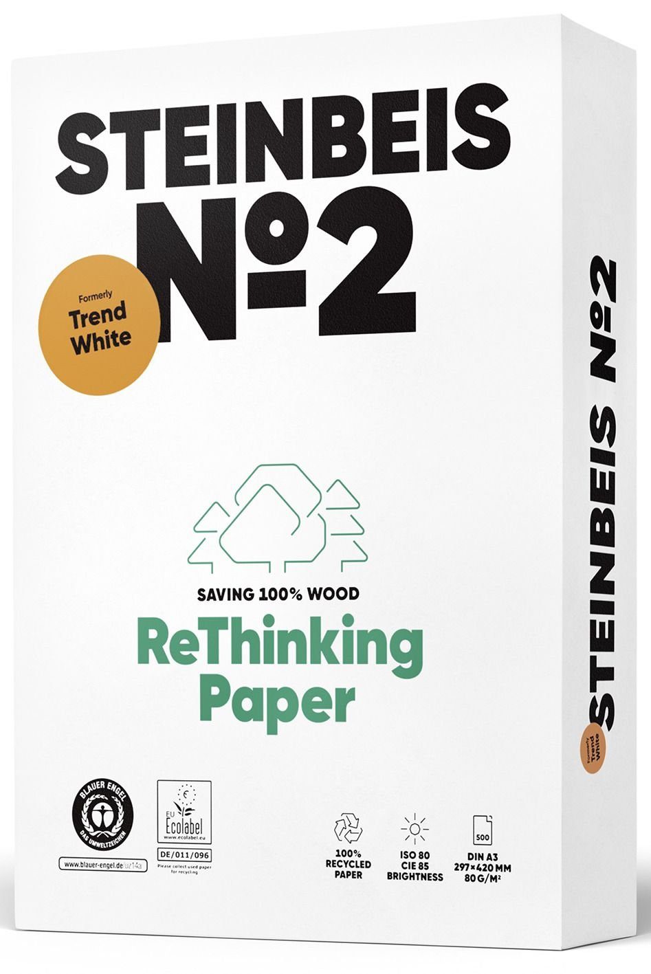 STEINBEIS Druckerpapier No. Blatt - weiß, Recyclingpapier, 500 White Trend 2 - A3, 80g