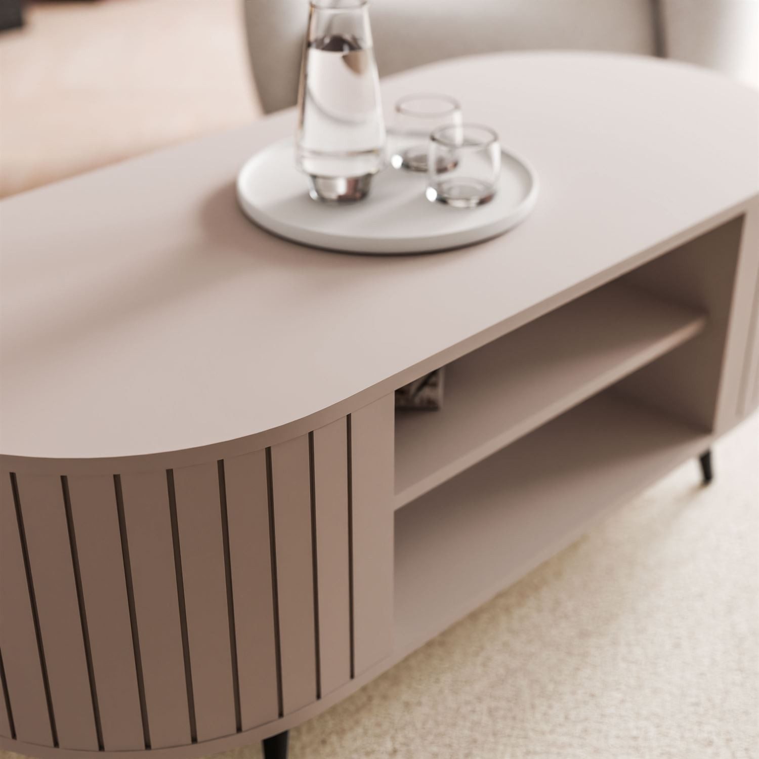 yourhouse24 Couchtisch LINNEA Oval 104cm mit Ablage Lamellen Kaschmir/Schwarz (1x Couchtisch), Ovale Form im Lamellen-Design – Bild 3 von 5