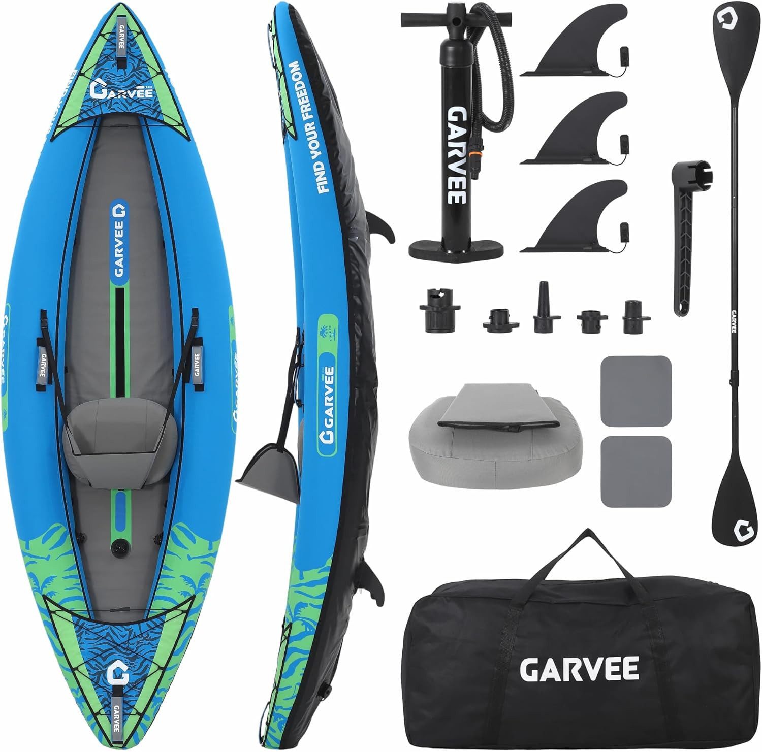 GarveeMore Einerkajak Aufblasbares,tragbares Tourenkajak,Angelkajak für Erwachsene, mit gepolstertem Sitz, 3 Flossen, Handpumpe, Tragetasche, Reparaturset