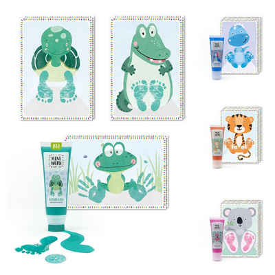 Miniwerk Handabdruck-Set Baby Abdruckset mit Bio Malfarbe, Schwammaufsatz und Tiermotivkarten