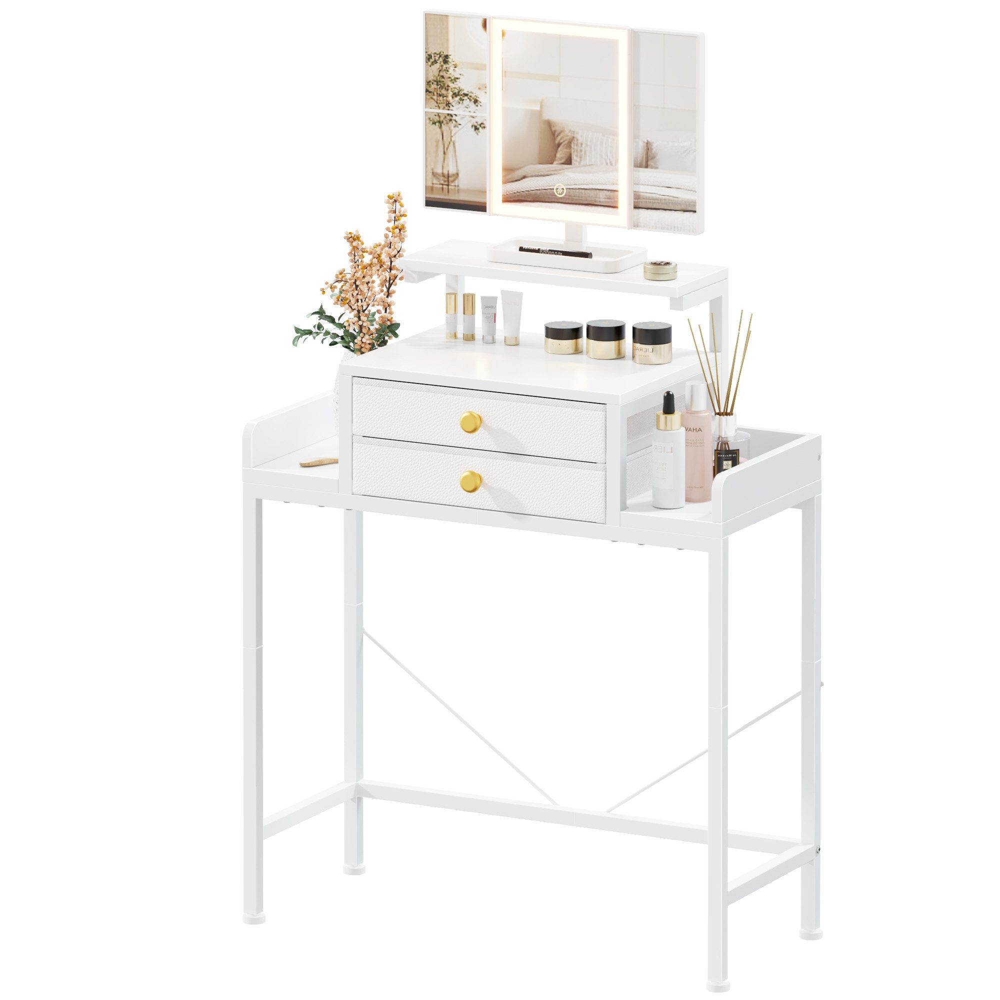 OYRREU Schminktisch mit LED Klappspiegel, höhenverstellbar, Konsolentisch 2 Ablagefächern (Frisiertisch Home, Kosmetiktisch Komplettes Set, 1 Tisch, 2 Schubladen, 1 Regal), Platzsparendes Design