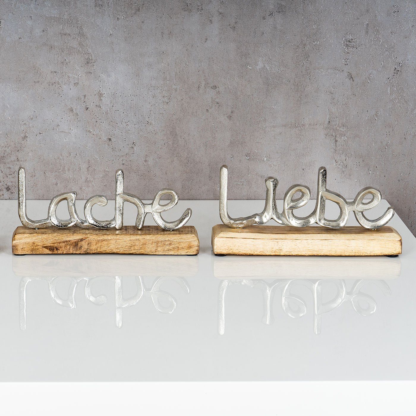 Levandeo® Deko-Schriftzug, 2er Set Schriftzug Silber Holz L23cm Liebe Lache Metall Mango