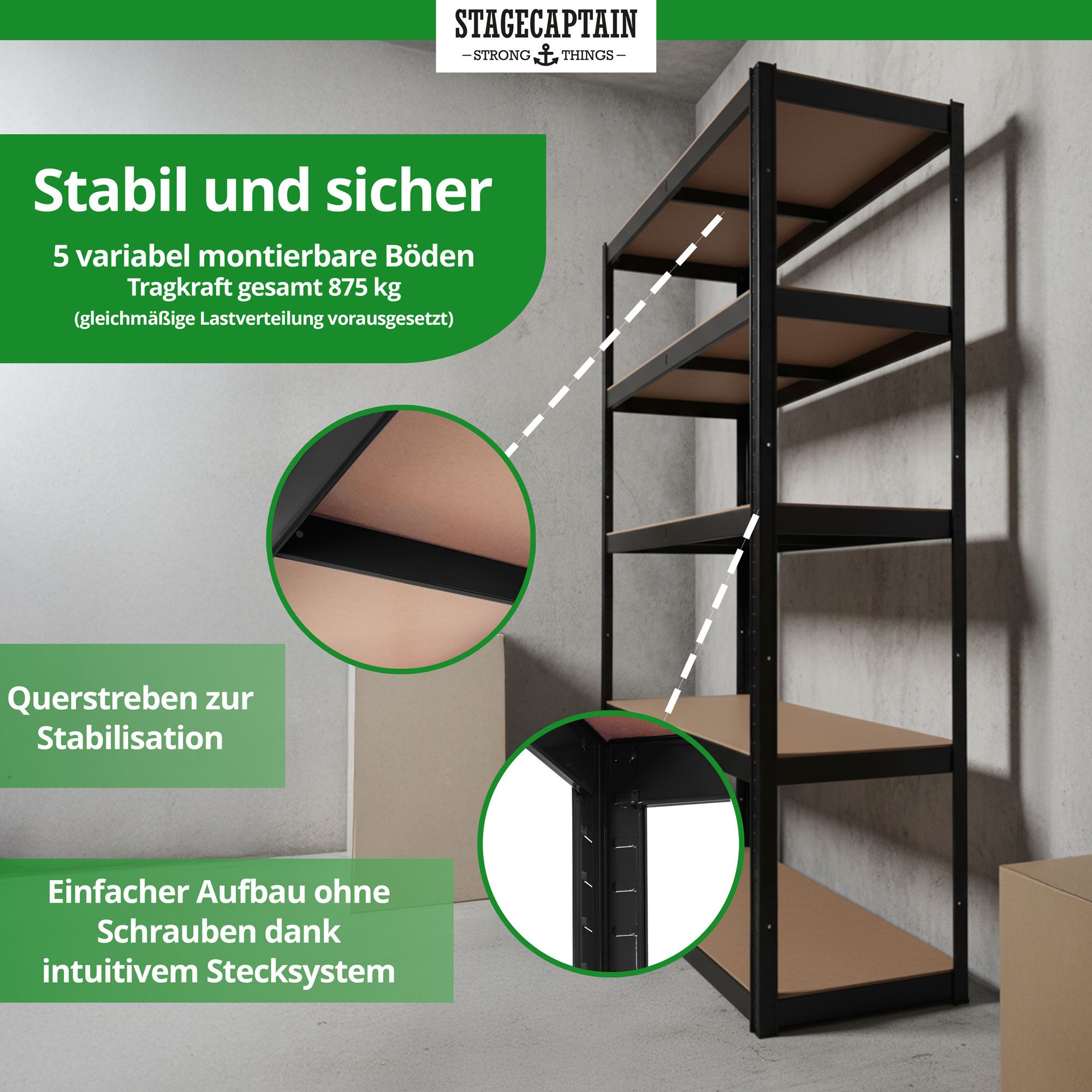 Stagecaptain Schwerlastregal Lagerregal - 5 variabel montierbare Böden - auch als Werkbank umbaubar, Tragkraft pro Boden: 175 kg, gesamt 875 kg