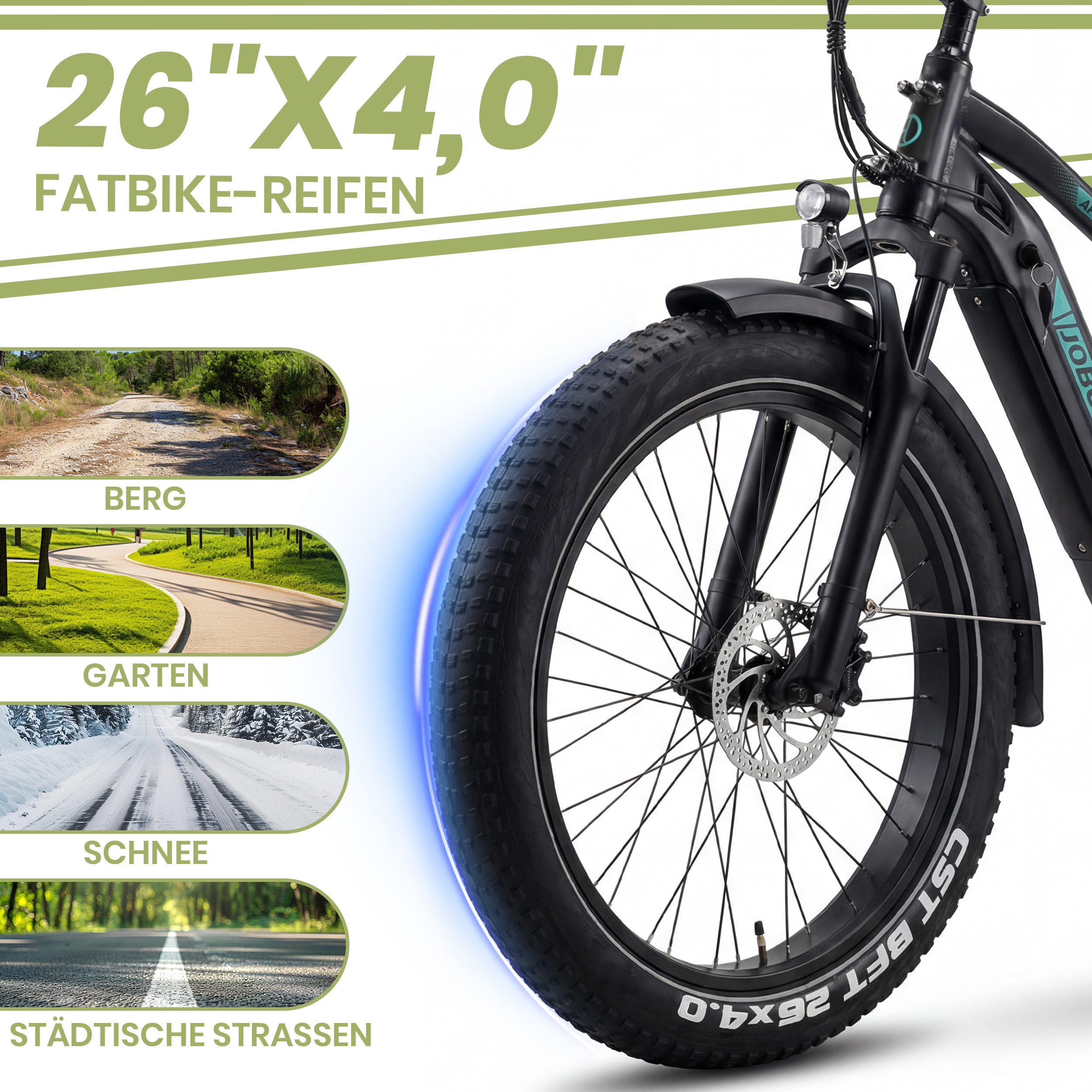 JOBOBIKE E-Bike Mountainbike 26x4,0 Zoll, 80 Nm, Robin/Apex, 130km, für Stadt, Berg und Gelände, 7 Gang Shimano, Kettenschaltung, Heckmotor, 672 Wh, 5 Stufen, Bremslicht, Elektrofahrrad, hydr. Scheibenbremse, ab 165 cm