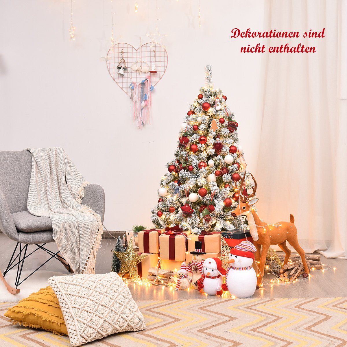 COSTWAY Künstlicher Weihnachtsbaum, 400 Zweigspitzen mit Schnee, 200 LEDs