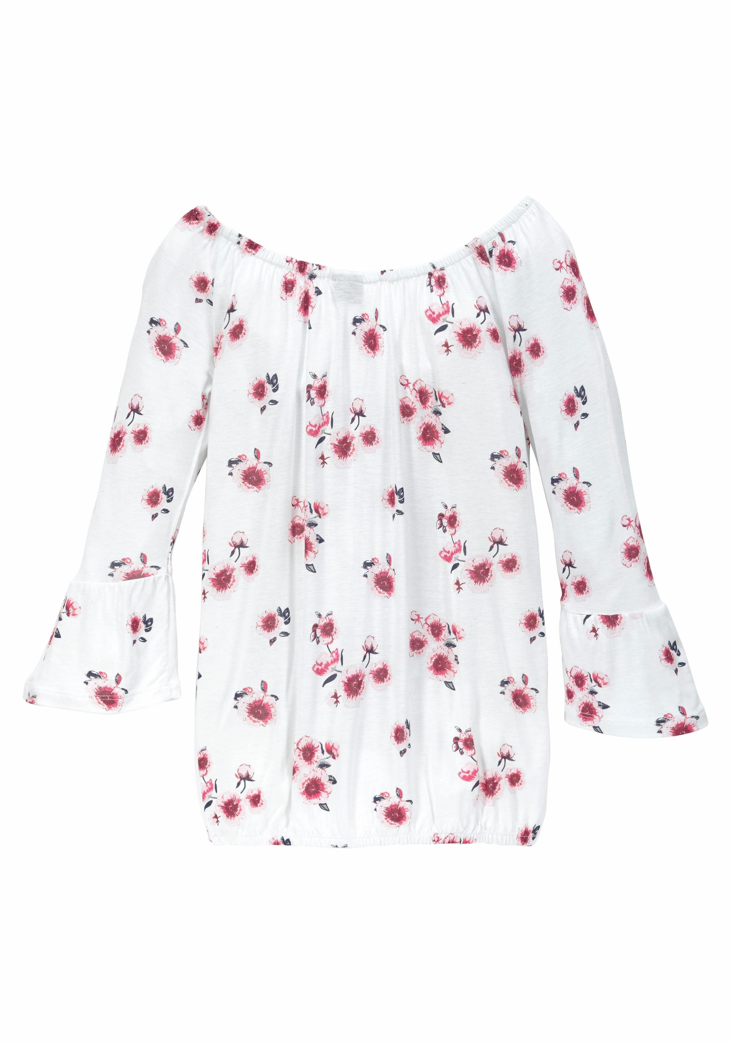 KIDSWORLD Carmenshirt Viskose-Shirt weite Passform, mit Blumenmuster und Aufdruck, Carmenausschnitt – Bild 5 von 5