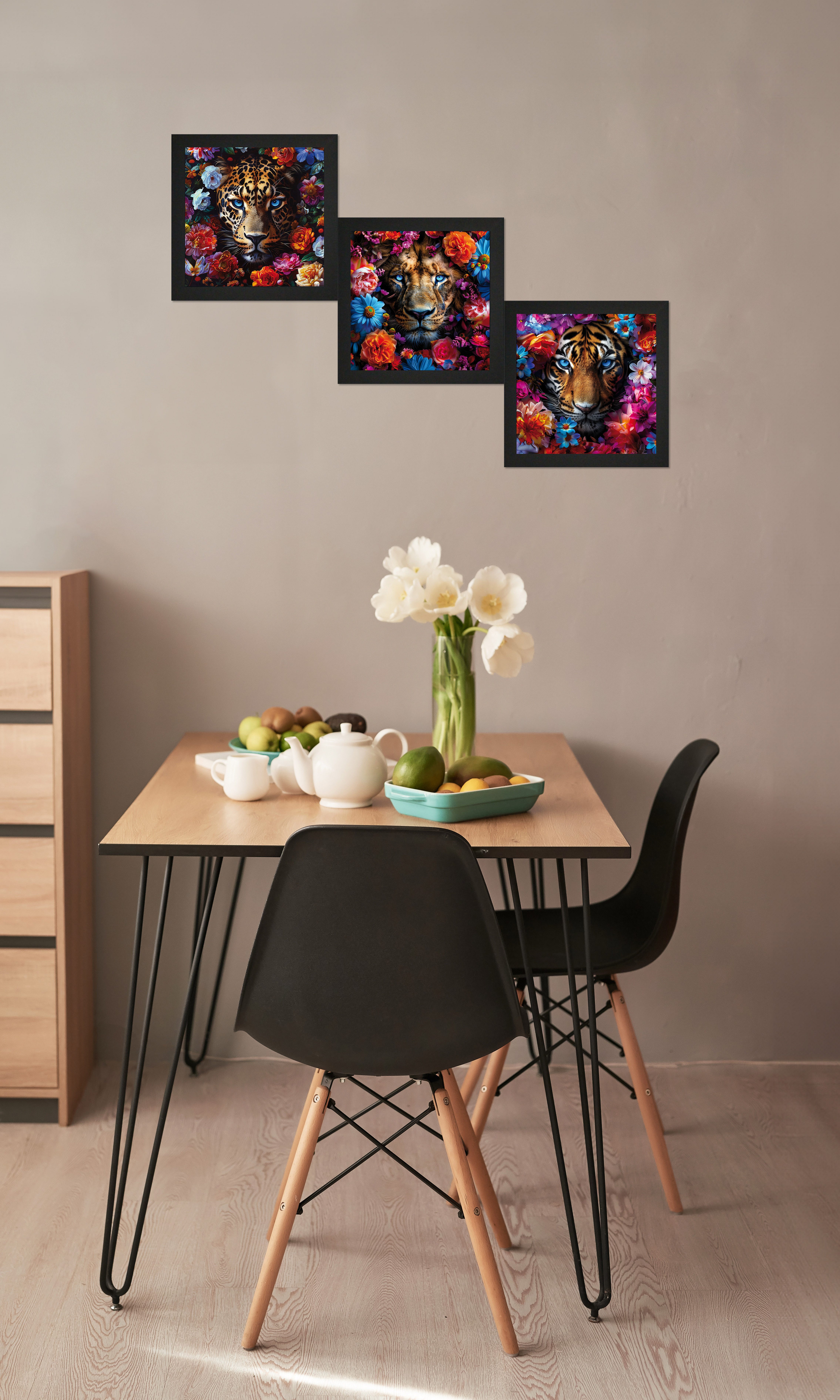 Bönninghoff Bild mit Rahmen, Blumen, Blumenbilder, Kunst, Löwen, Raubkatzen, Tiere, Tiger (3 St)