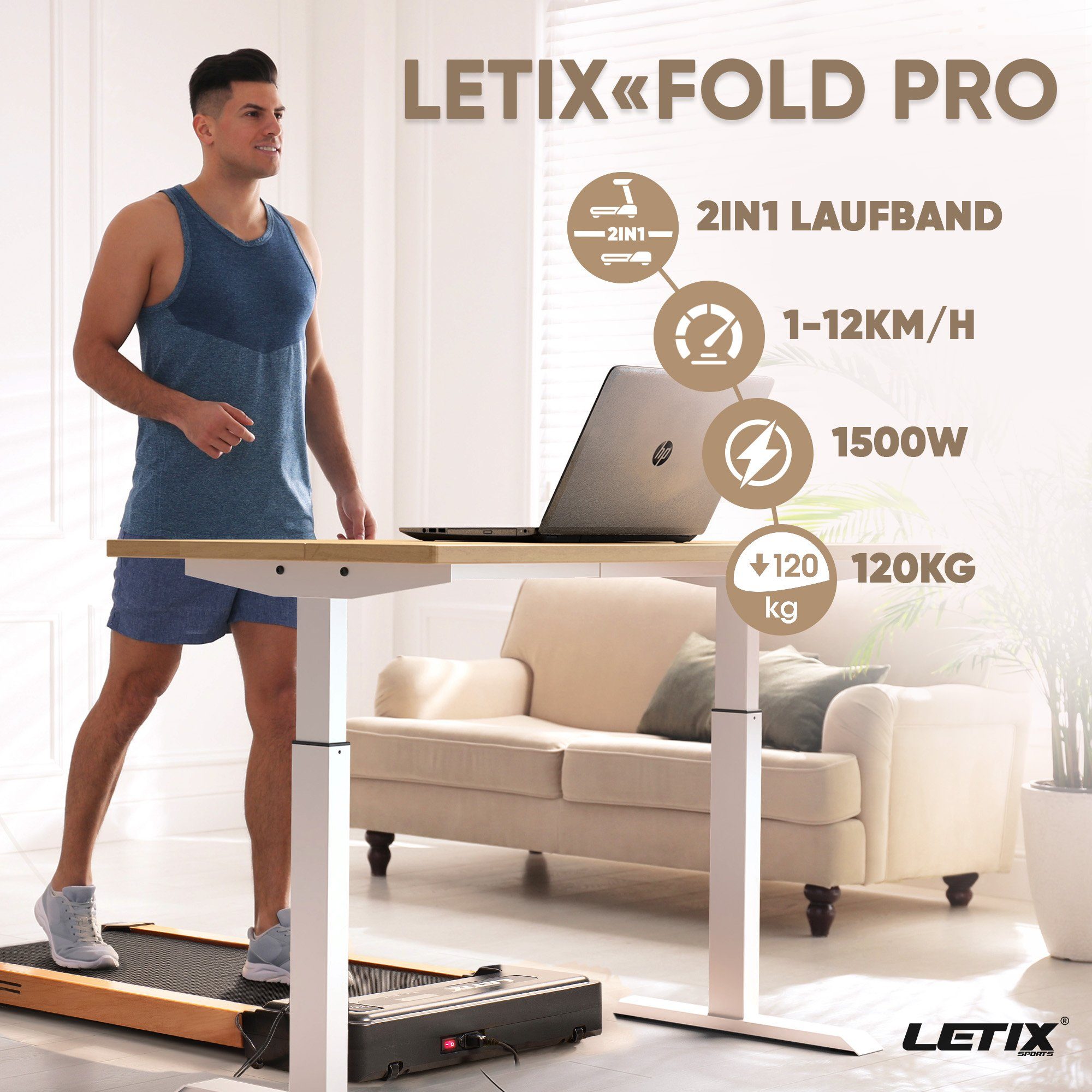 Letix Sports Laufband FoldPro 2in1 für Funktion, zu Büro, LCD-Display, motorisiertes Heimtrainer Hause & und holz-optik mit APP Bluetooth Fitnessgerät
