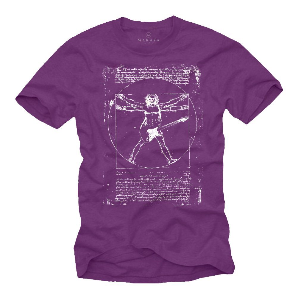 Musik Gitarre Männer Baumwolle T-Shirt Print-Shirt Bandshirt Lila Da Frontprint, MAKAYA aus Geschenk Vinci Herren Jungs
