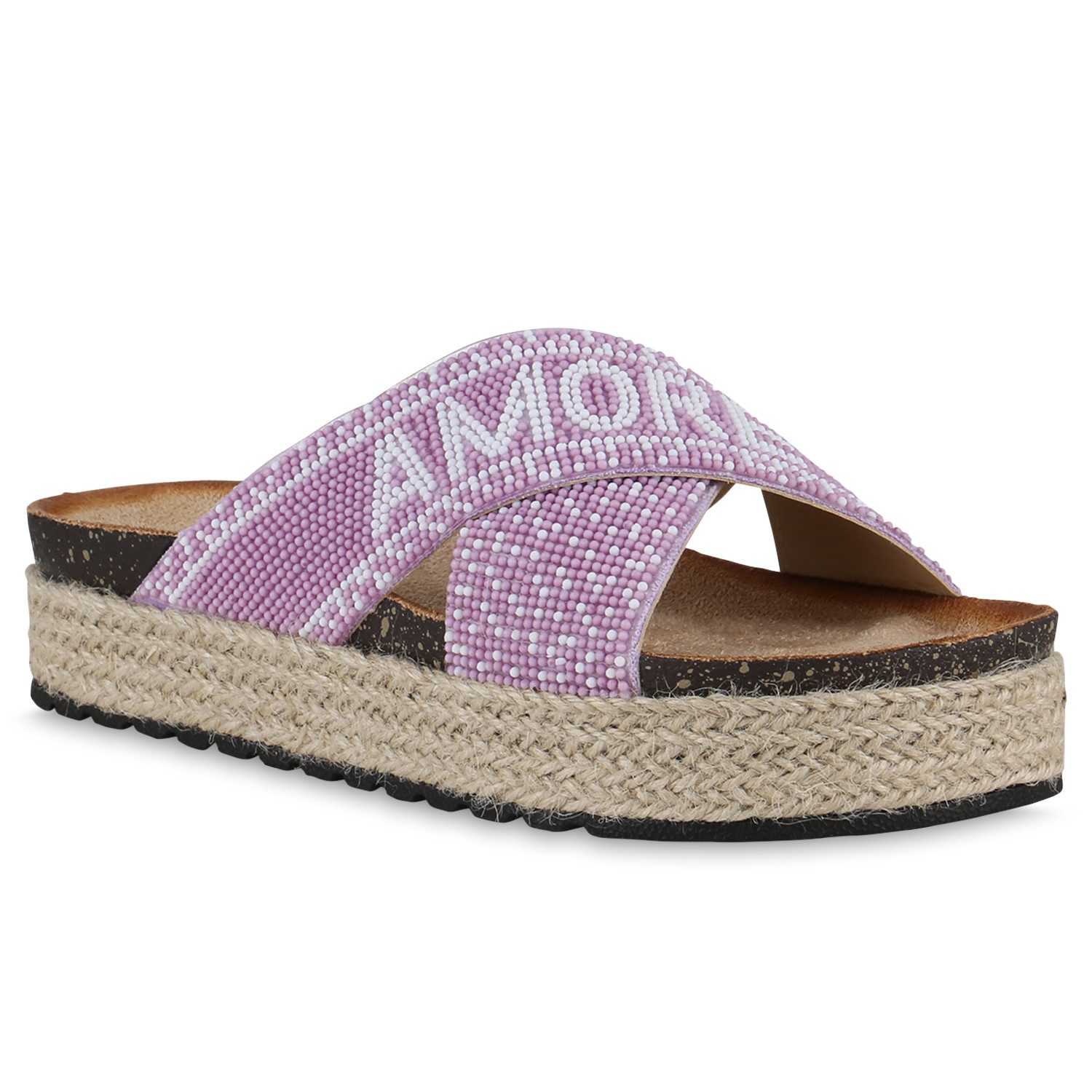 VAN HILL 841099 Sandalette Damen Pantoletten Сандалеты Print Zierperlen Bast Plateau