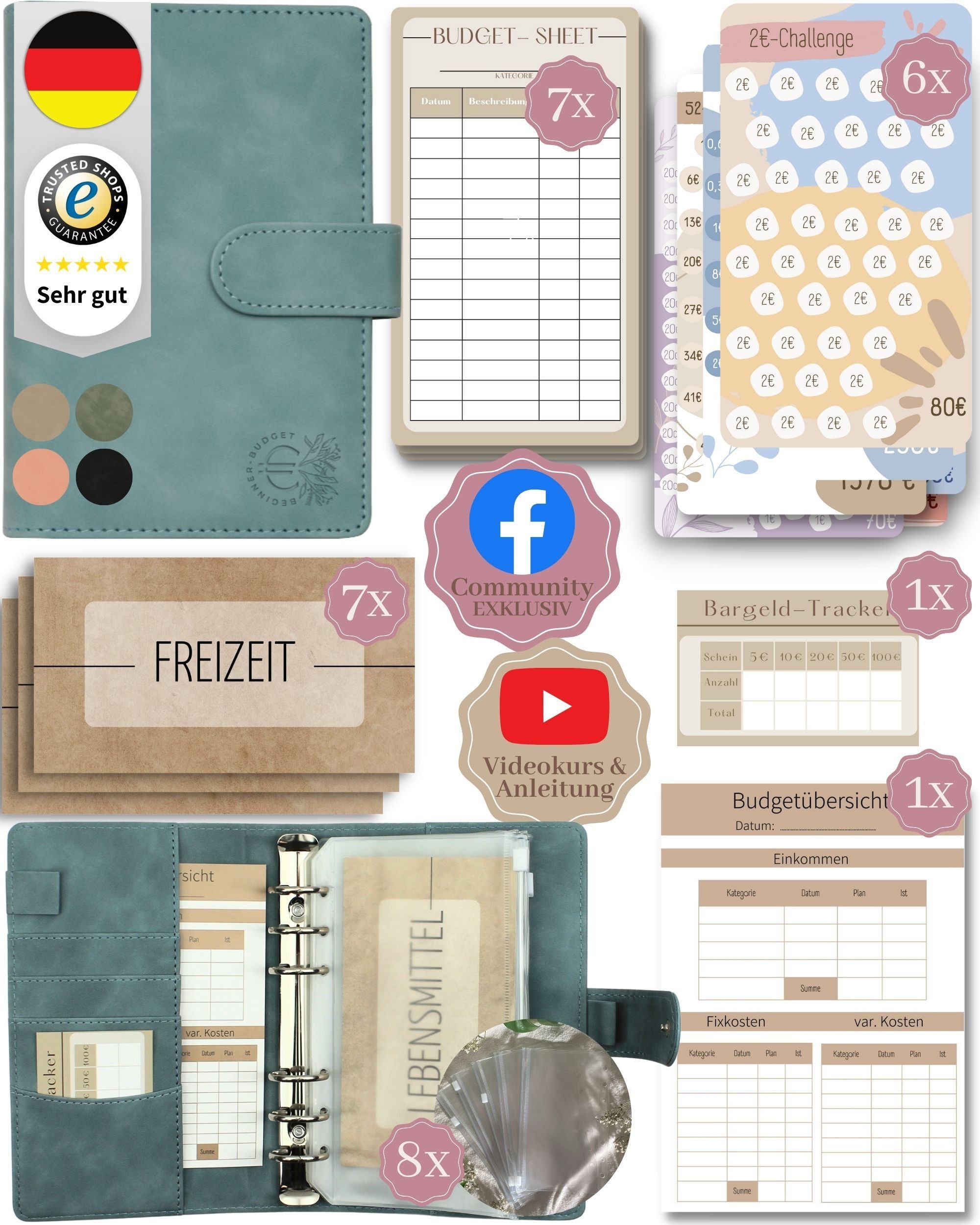 BeginnerBudget Ringbuchmappe Budgetplaner Starter-Set Sparbuch zum Geld Sparen + Spar-Challenges, Sparen mit Umschlagmethode + Anleitung - Ringbuch - Binder A6