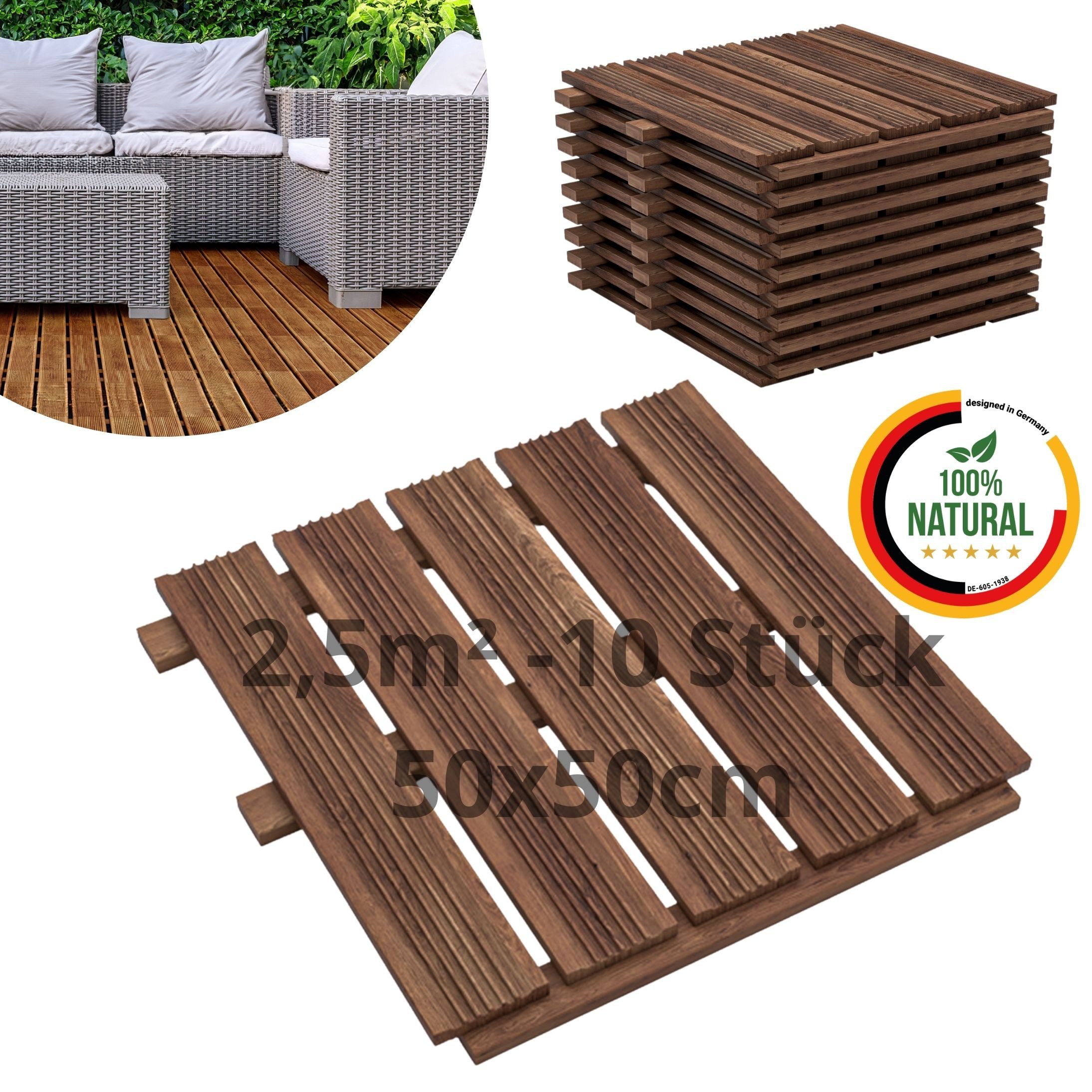 Floranica Trittsteine Holzfliese Terrassenfliese Massives Lärchenholz Balkonfliesen, 30x30 cm, Unbehandelt, 1-St., Fein Geriffelt Bodenbelag mit Drainage Balkon-Bodenbelag für Outdoor