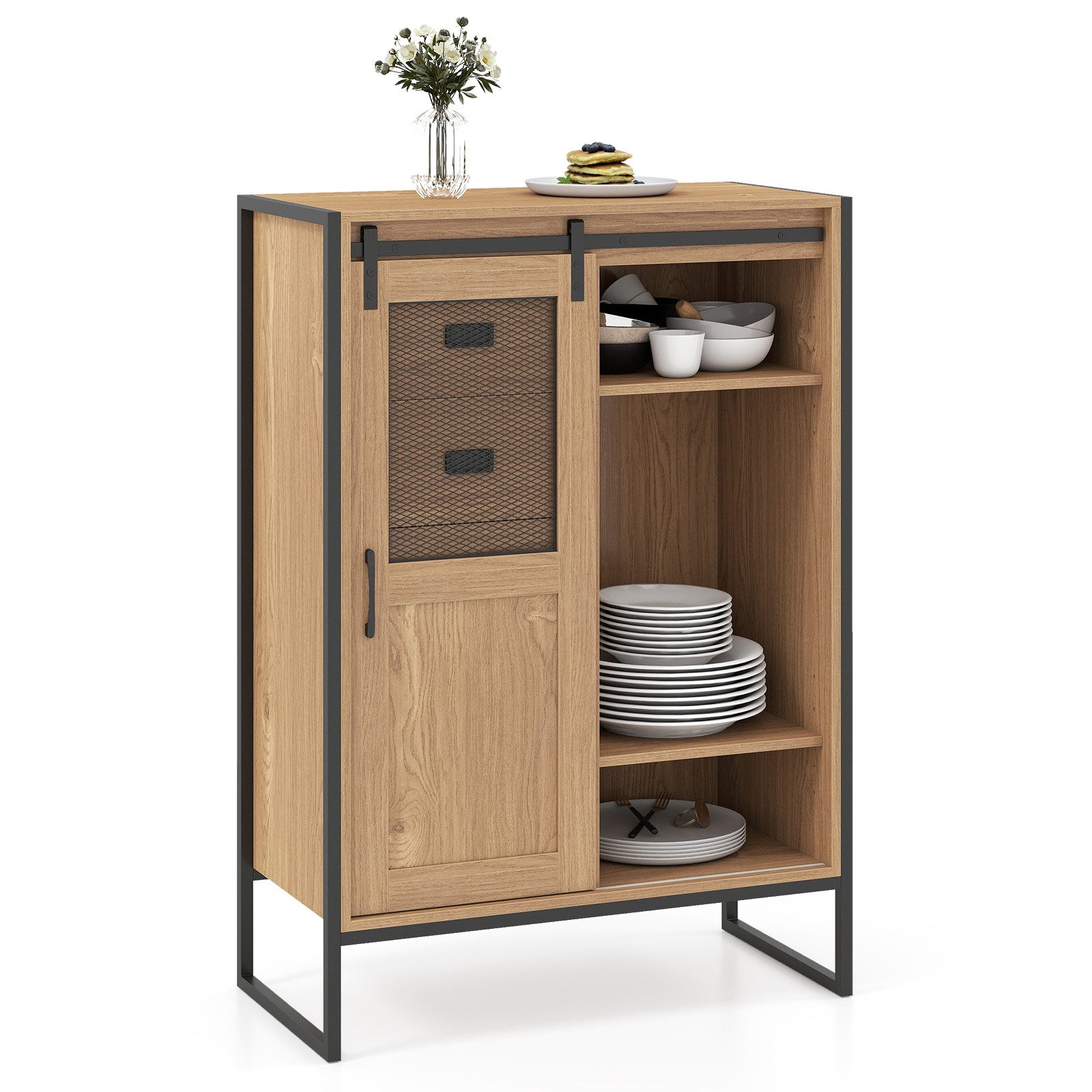 COSTWAY Sideboard, mit 5 Schubladen, Schiebetür, verstellbaren Einlegeböden Kommode