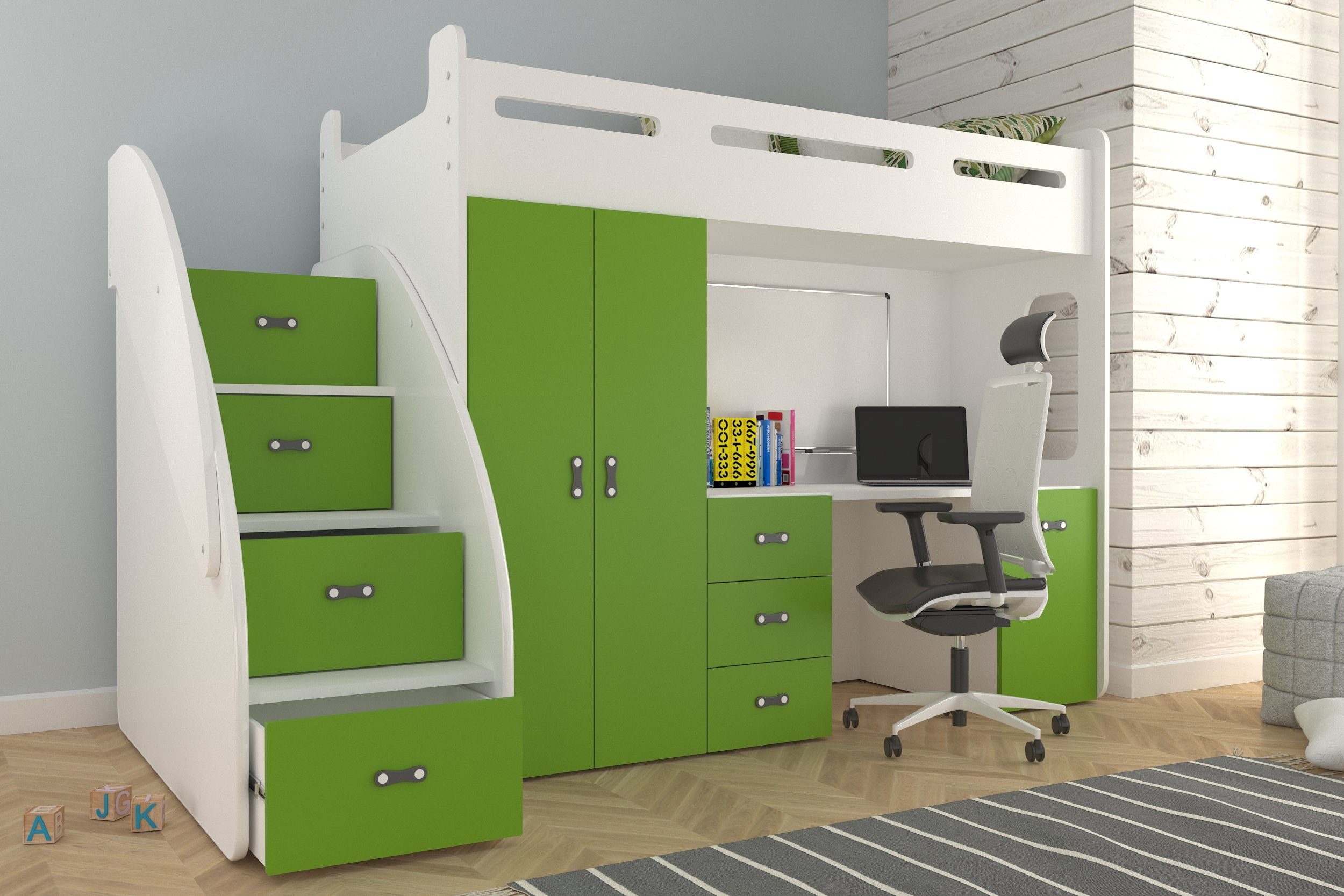 Kleiderschrank Unique Schreibtisch, Home ZU mit Farbe Matratze, Hochbett Hochbett Weiß/Grün wählbar PL