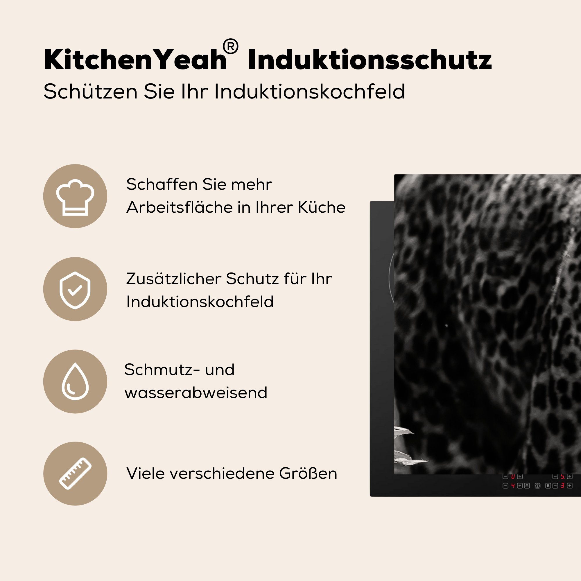 MuchoWow Herdblende-/Abdeckplatte Schwarz-Weiß-Foto eines Ceranfeldabdeckung Schutz Leoparden, 81x52 für Induktionskochfeld Vinyl, tlg), farbigen küche, (1 die cm