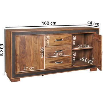 Wohnling Sideboard WL5.193 (160x44x80 cm Massivholz Sheesham Kunstleder), Kommode Schubladen & Türen, Standschrank Anrichte