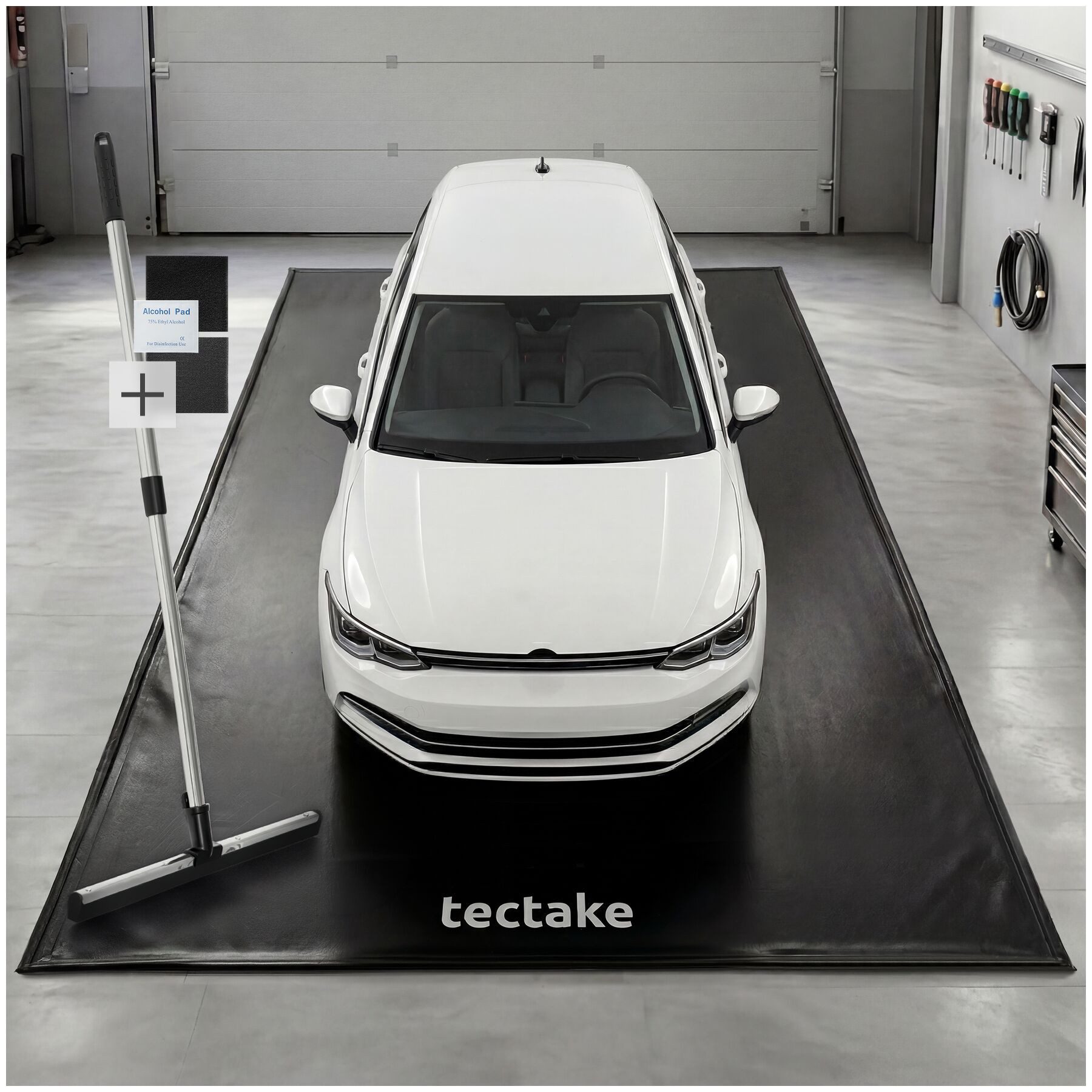 tectake Bodenschutzmatte Garagenbodenmatte mit Klettpads und Alkoholtüchern, 2,4 x 5 m, Gummibodenmatte, in schwarz, rutschfest und wasserdicht, erhöhter Rand, Inkl. ausziehbarem Abzieher