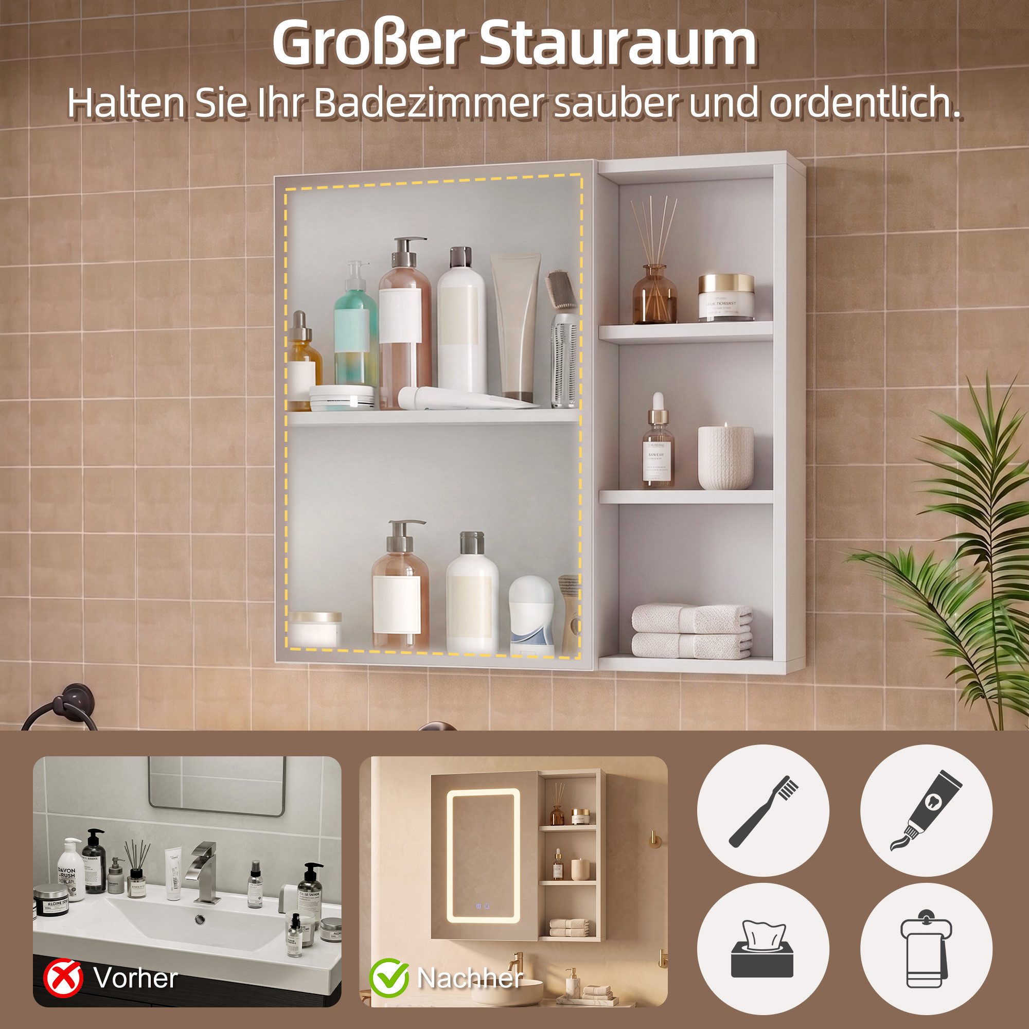 Simurq Badezimmerspiegelschrank Spiegelschrank Bad Mit LED-Beleuchtung & Anti-Beschlag,offene Regal (Badezimmerspiegelschrank Hängeschrank,Touchschalter, Beschl – Bild 4 von 5