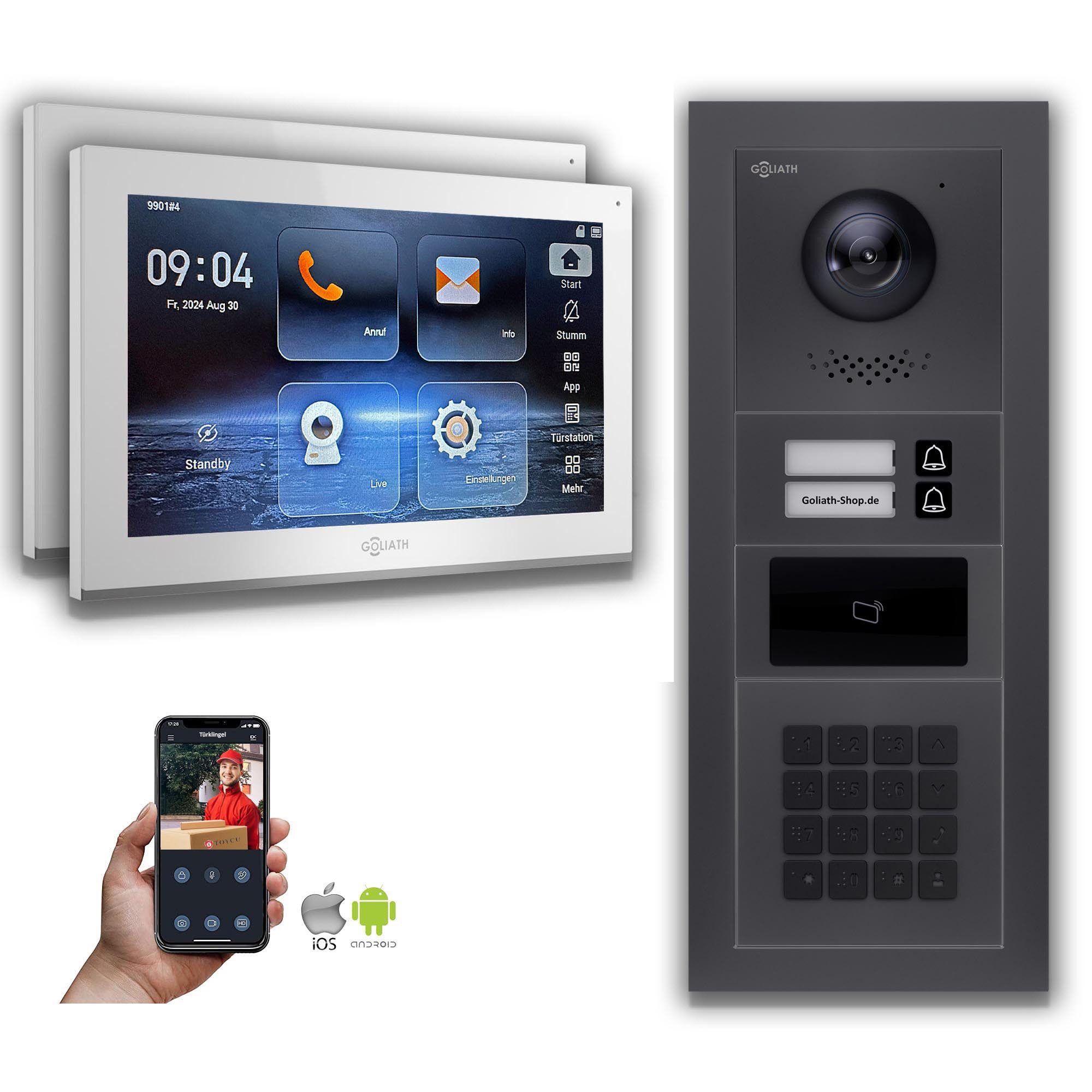 Goliath Intercom Video-Türsprechanlage Goliath IP Video Türsprechanlage: 10-Zoll 2 Familienhaus, RFID, Zahlen (Privat oder Gewerblich)
