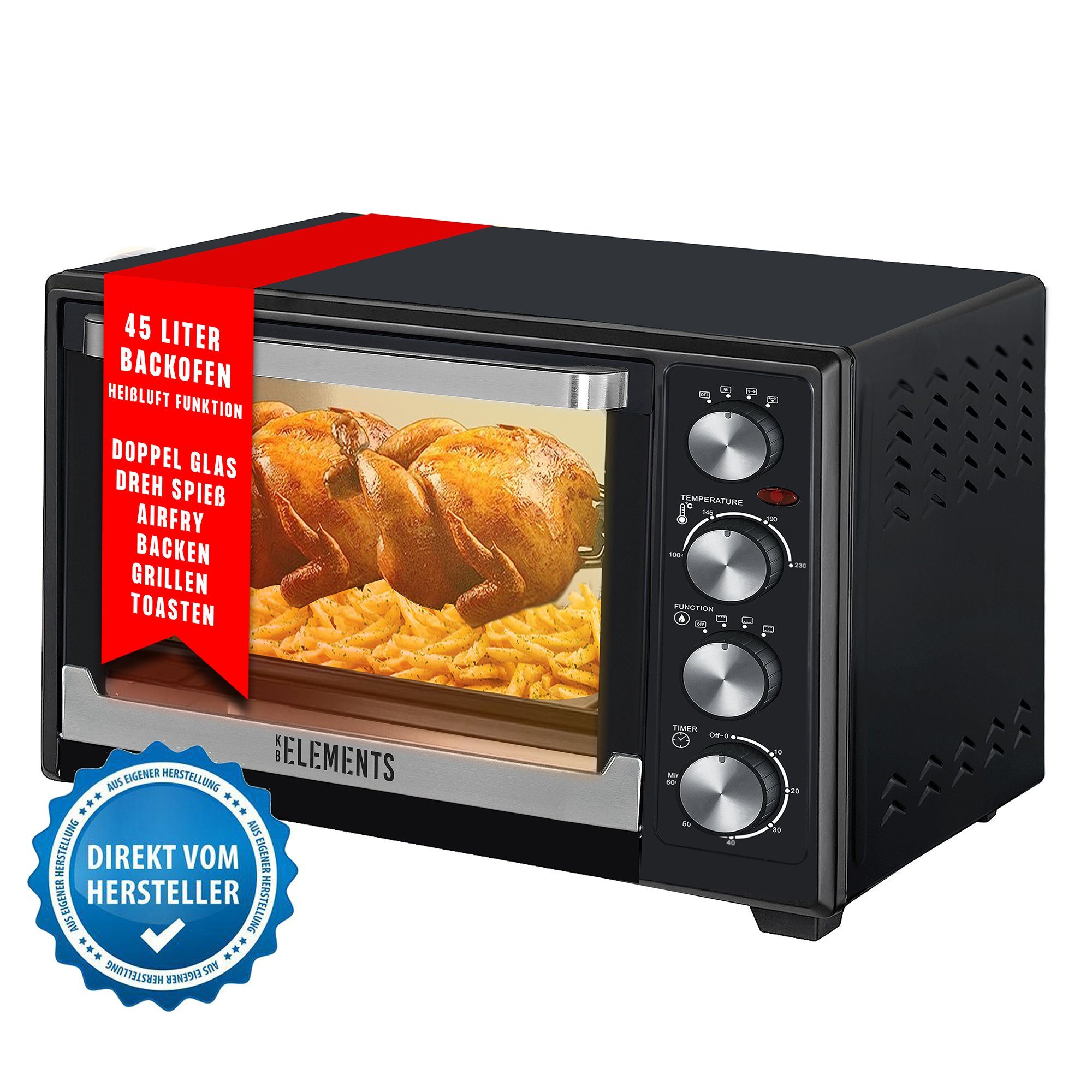 KB Elements Minibackofen ELK45V1, 2000 Watt, 45 Liter, Drehspieß, Konvektionsgebläse | Minibacköfen