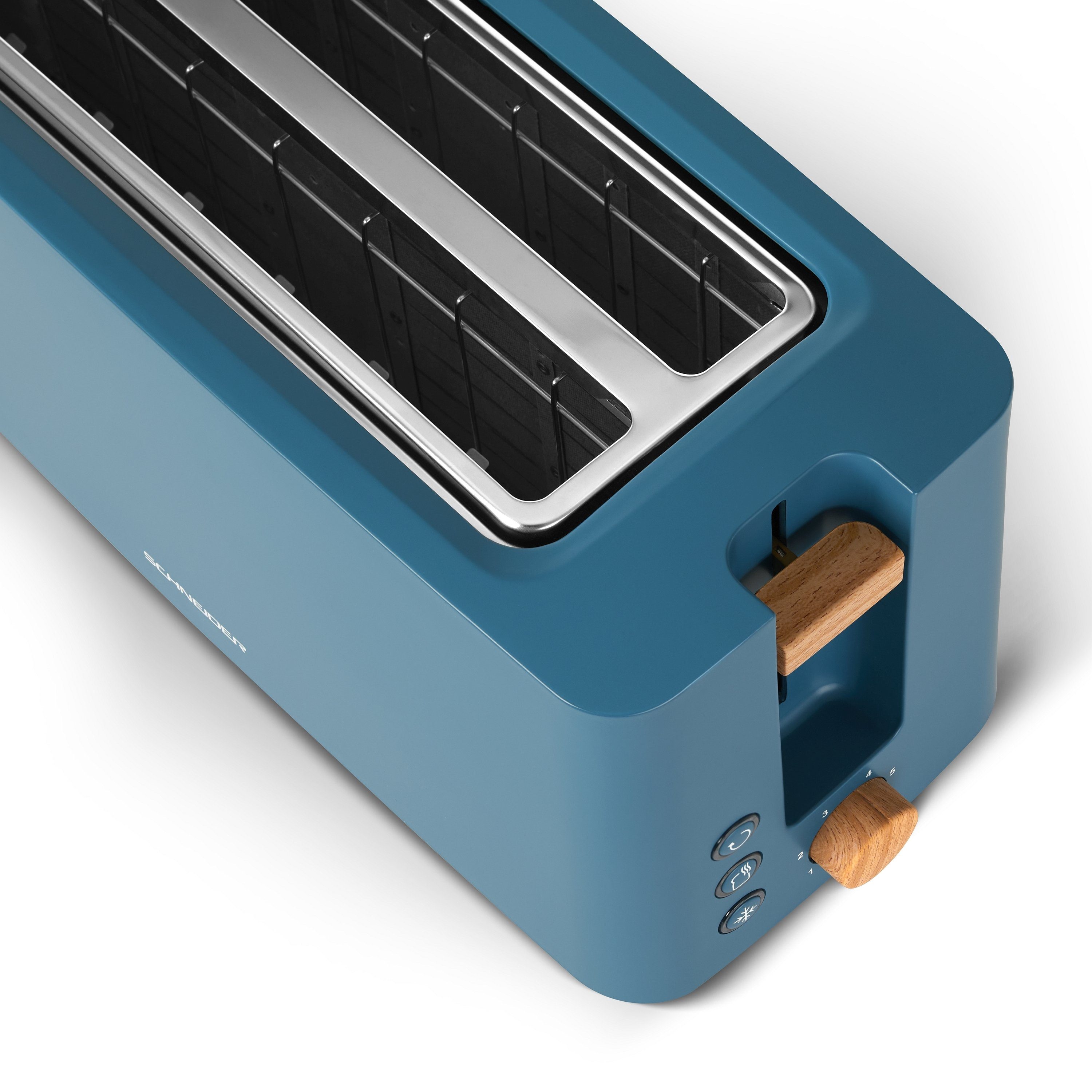 SCHNEIDER Toaster Fjord Line, 6 und Überhitzungsschutz Auftau- 2 1550 Scheiben, W, Schlitze, lange blau Aufwärm-Funktion, für 4 Krümelschublade, petrol Stufen