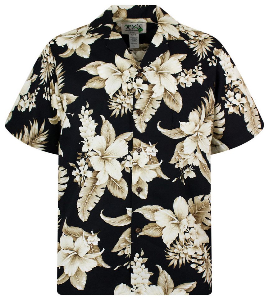 KY's Hawaiihemd "Goldbraune Blume" Herren Baumwolle Kokosknöpfe Original Hawaii